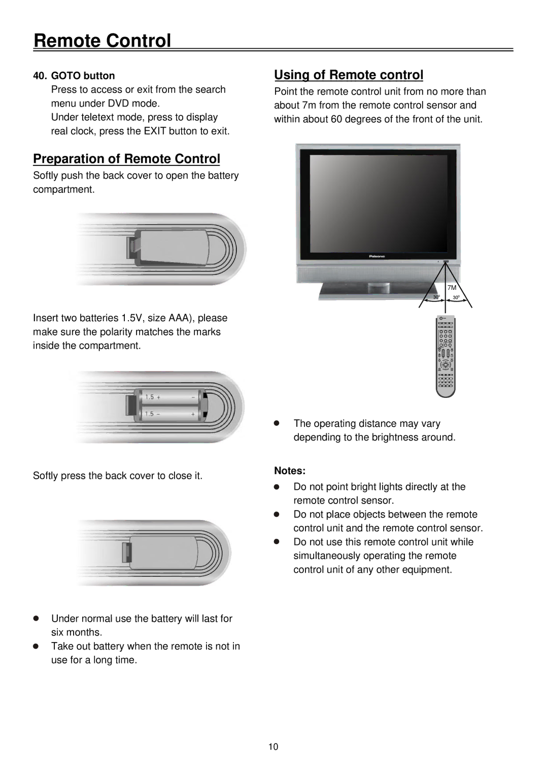 Palsonic TFTV2030D user manual Preparation of Remote Control, Using of Remote control, Goto button 