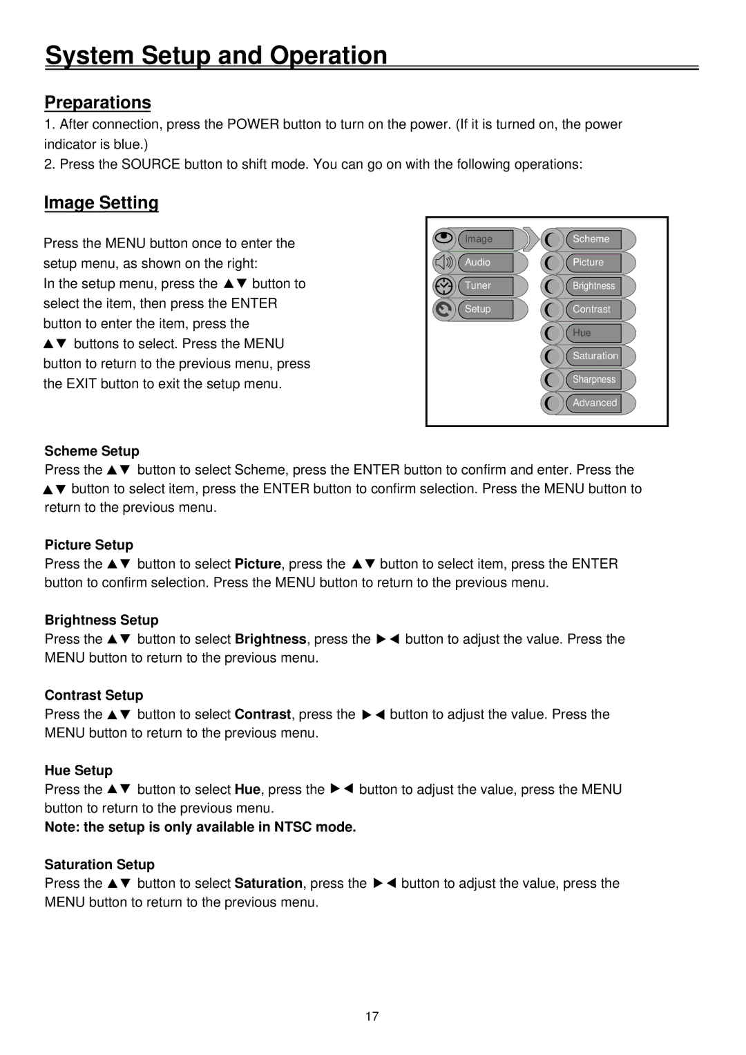 Palsonic TFTV2030D user manual System Setup and Operation, Preparations, Image Setting 