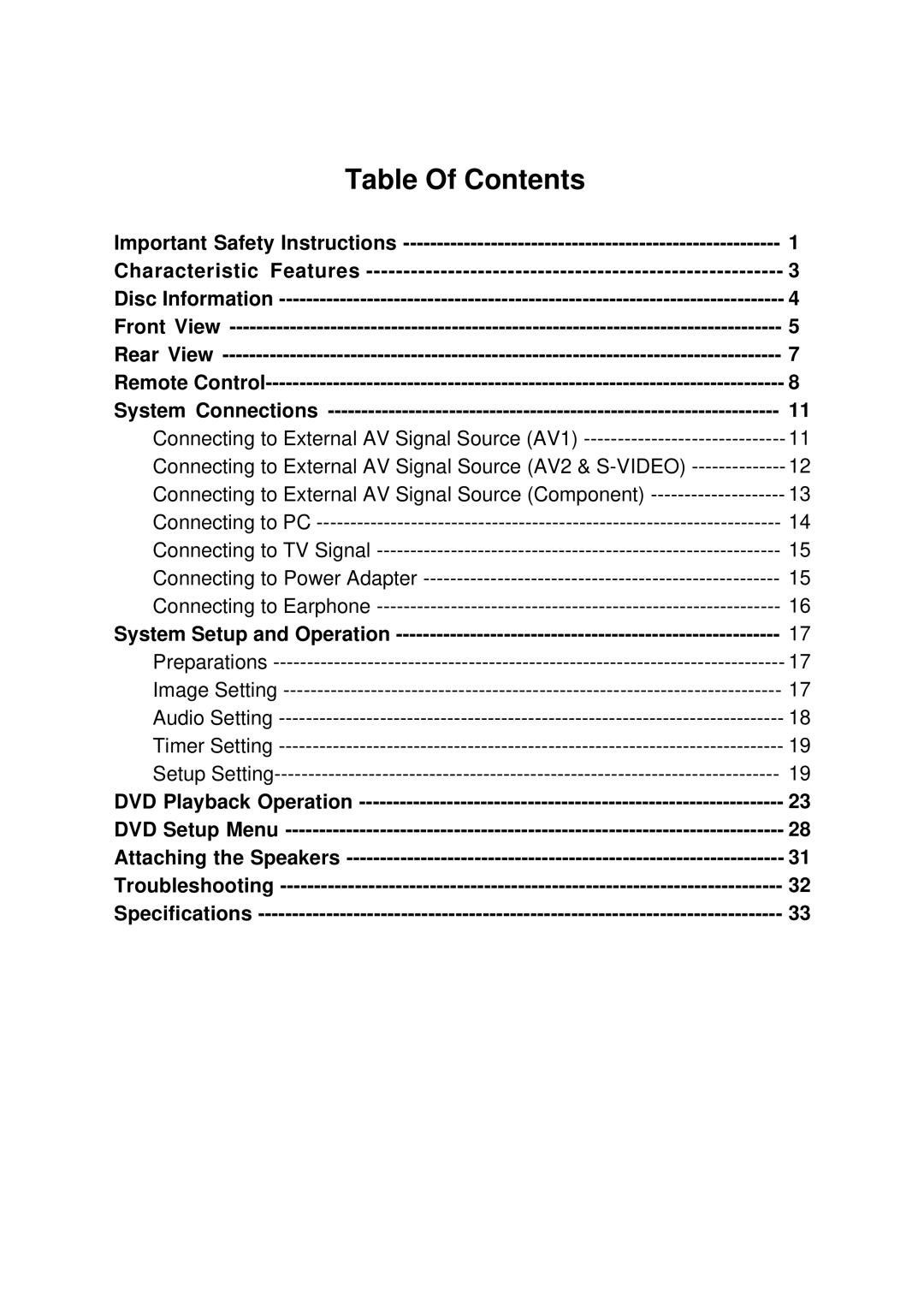 Palsonic TFTV2030D user manual Table Of Contents 