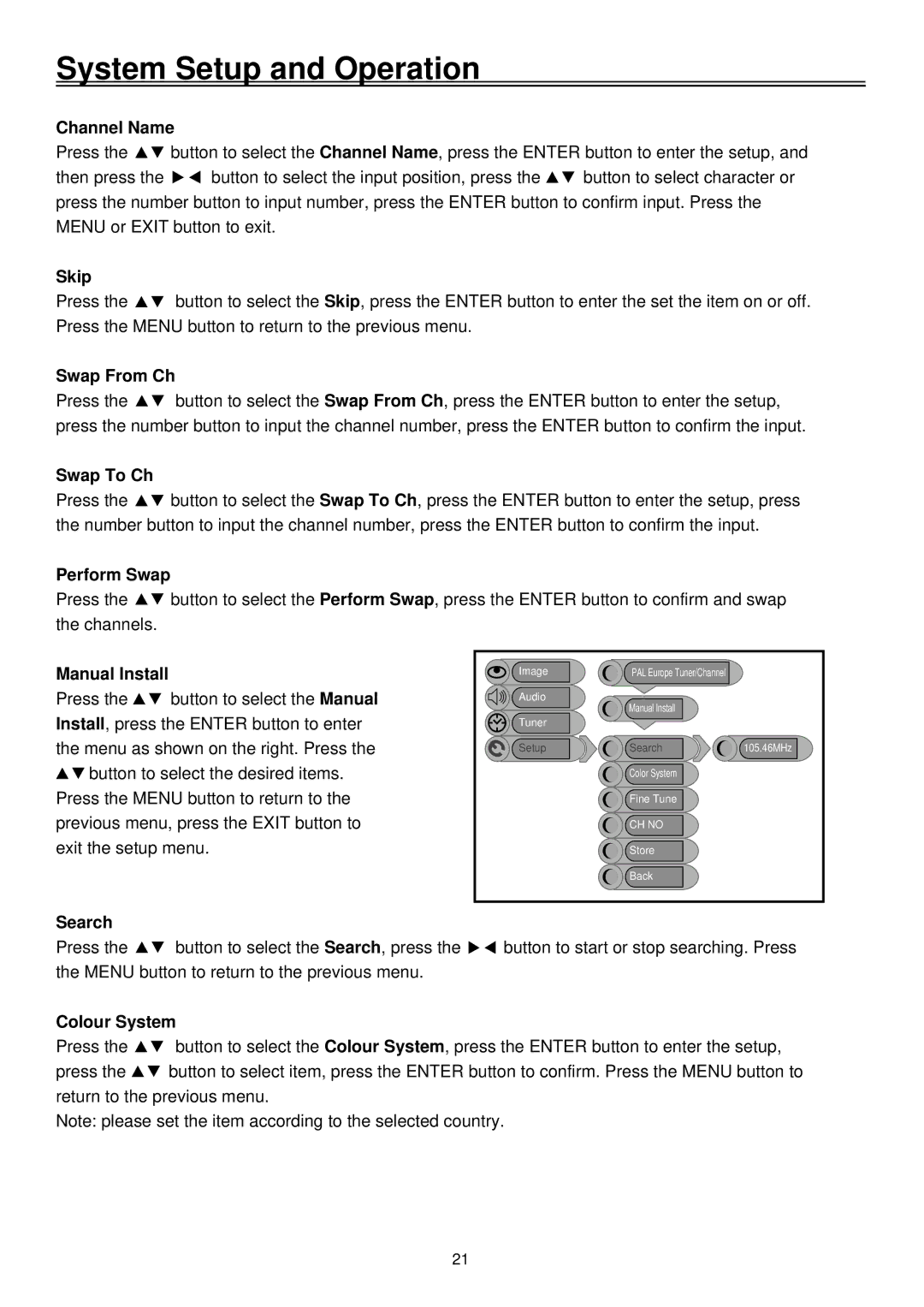 Palsonic TFTV2030D user manual Channel Name, Skip, Swap From Ch, Swap To Ch, Perform Swap, Search, Colour System 