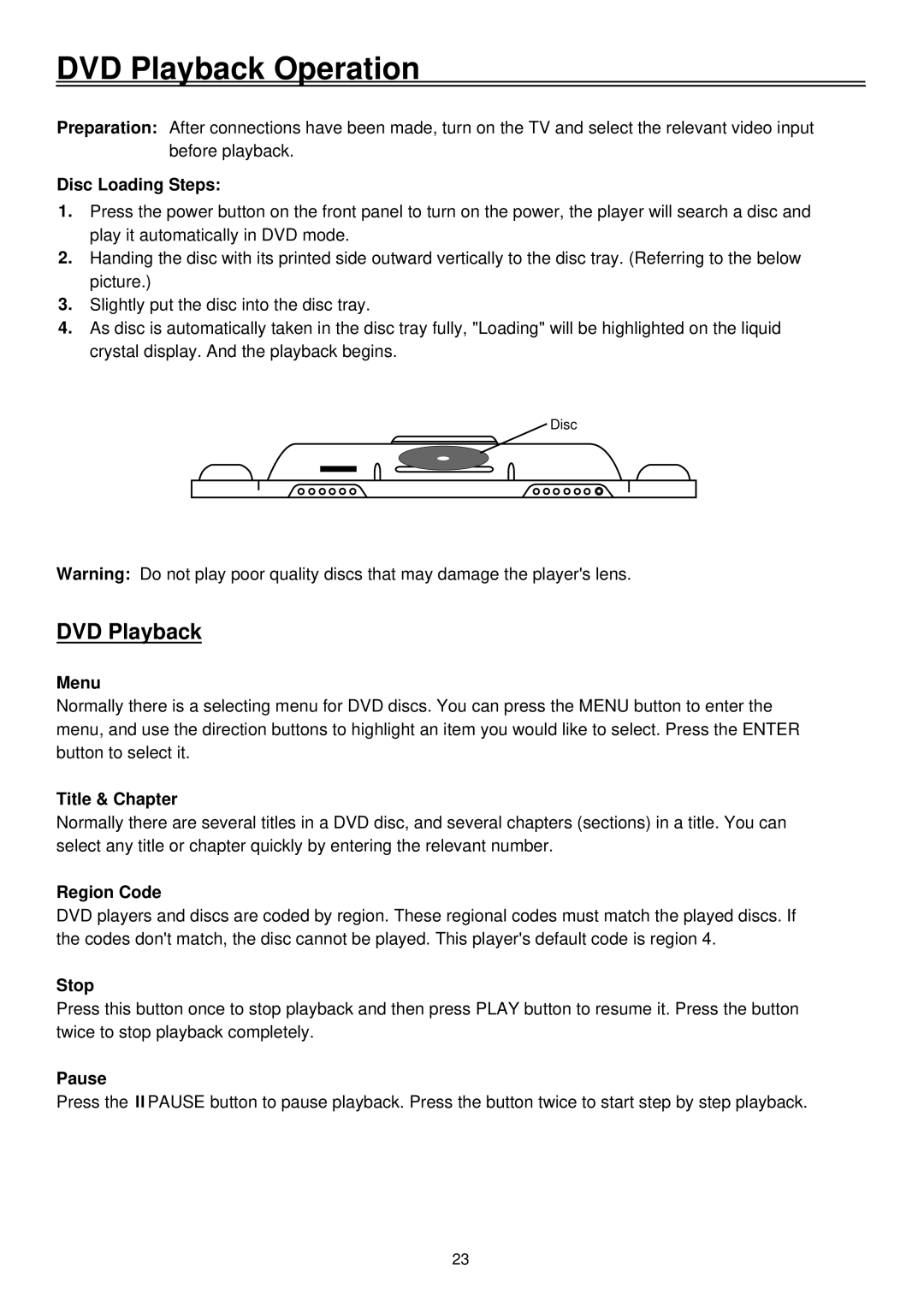 Palsonic TFTV2030D user manual DVD Playback Operation 