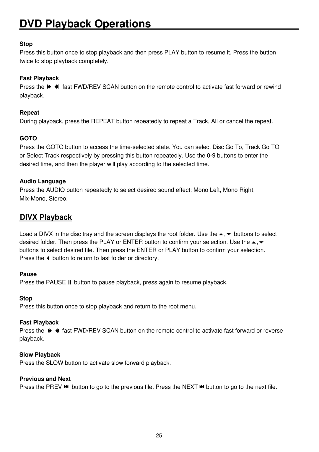 Palsonic TFTV2030D user manual DVD Playback Operations, Divx Playback, Audio Language, Previous and Next 