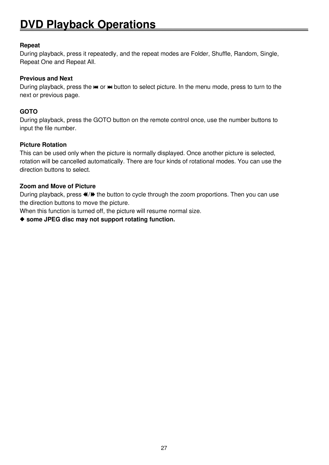 Palsonic TFTV2030D user manual Picture Rotation, Zoom and Move of Picture, Some Jpeg disc may not support rotating function 