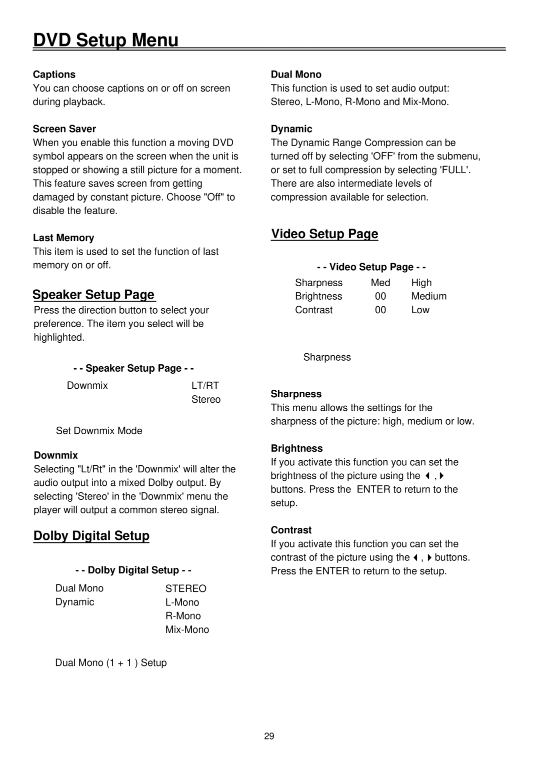 Palsonic TFTV2030D user manual Speaker Setup, Dolby Digital Setup, Video Setup 