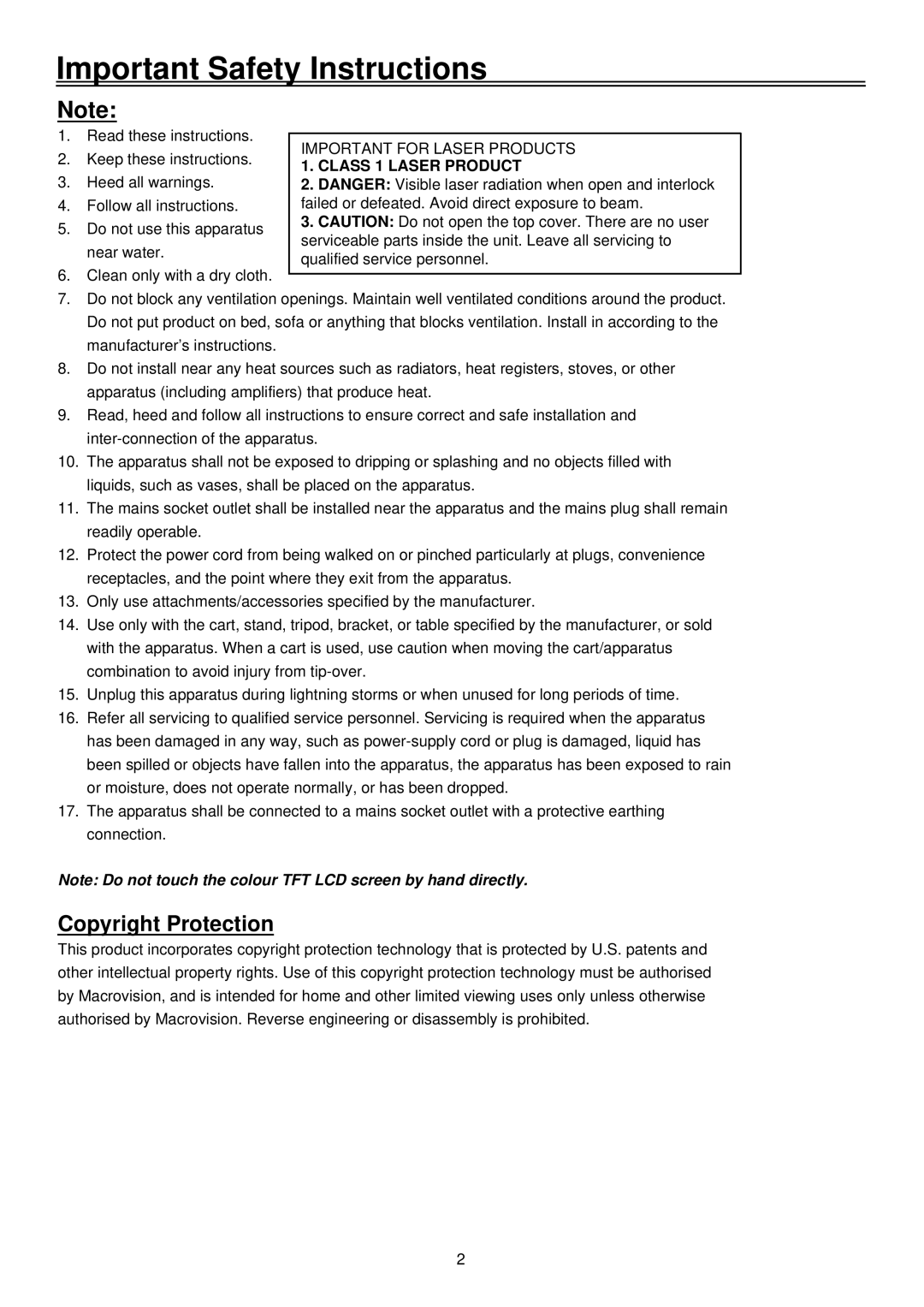 Palsonic TFTV2030D user manual Copyright Protection, Class 1 Laser Product 