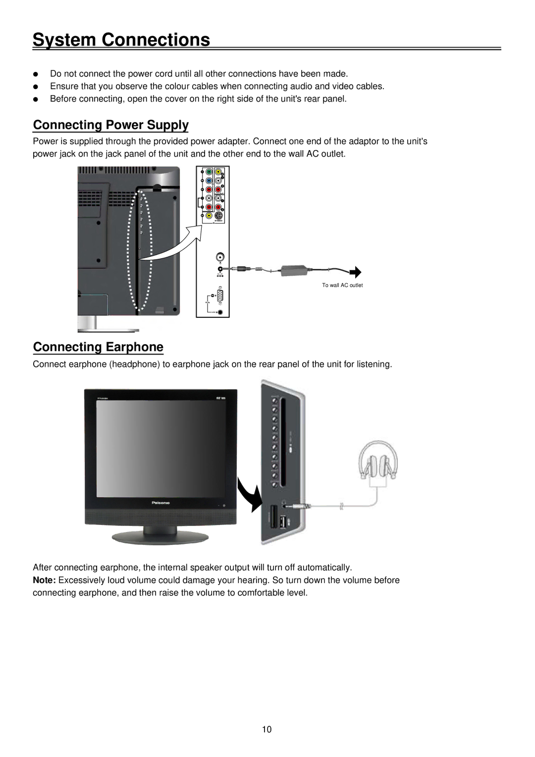 Palsonic TFTV2035BK user manual System Connections, Connecting Power Supply, Connecting Earphone 