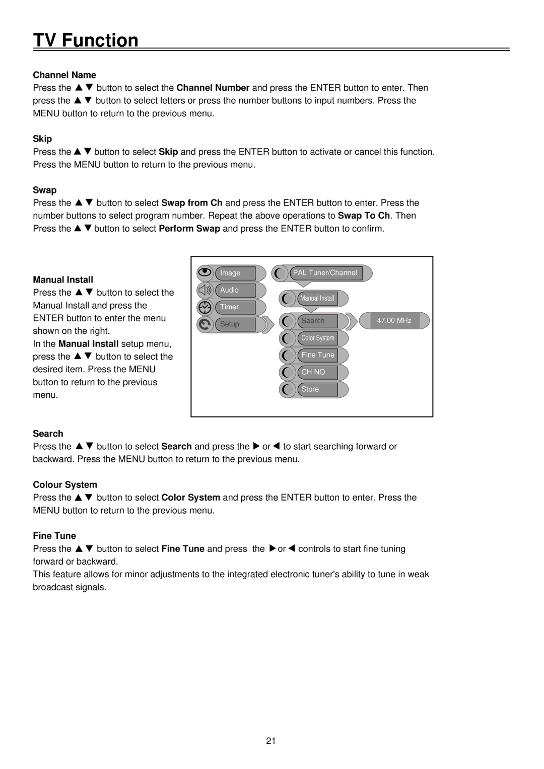 Palsonic TFTV2035BK user manual Channel Name, Skip, Swap, Manual Install, Search, Colour System, Fine Tune 