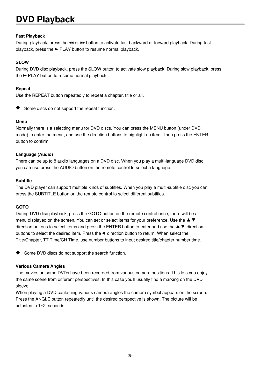 Palsonic TFTV2035BK user manual Fast Playback, Repeat, Menu, Language Audio, Subtitle, Various Camera Angles 