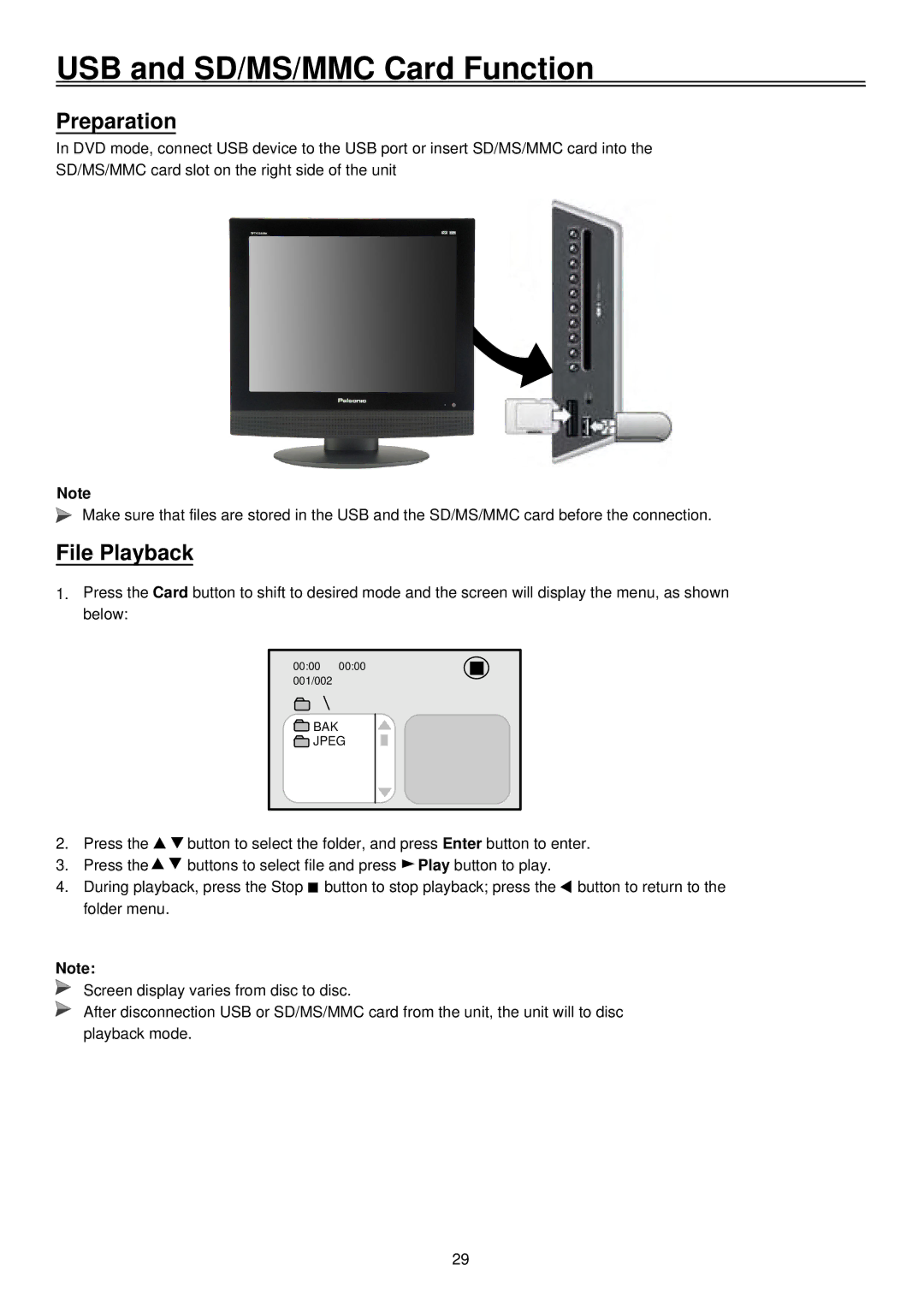 Palsonic TFTV2035BK user manual USB and SD/MS/MMC Card Function, File Playback 