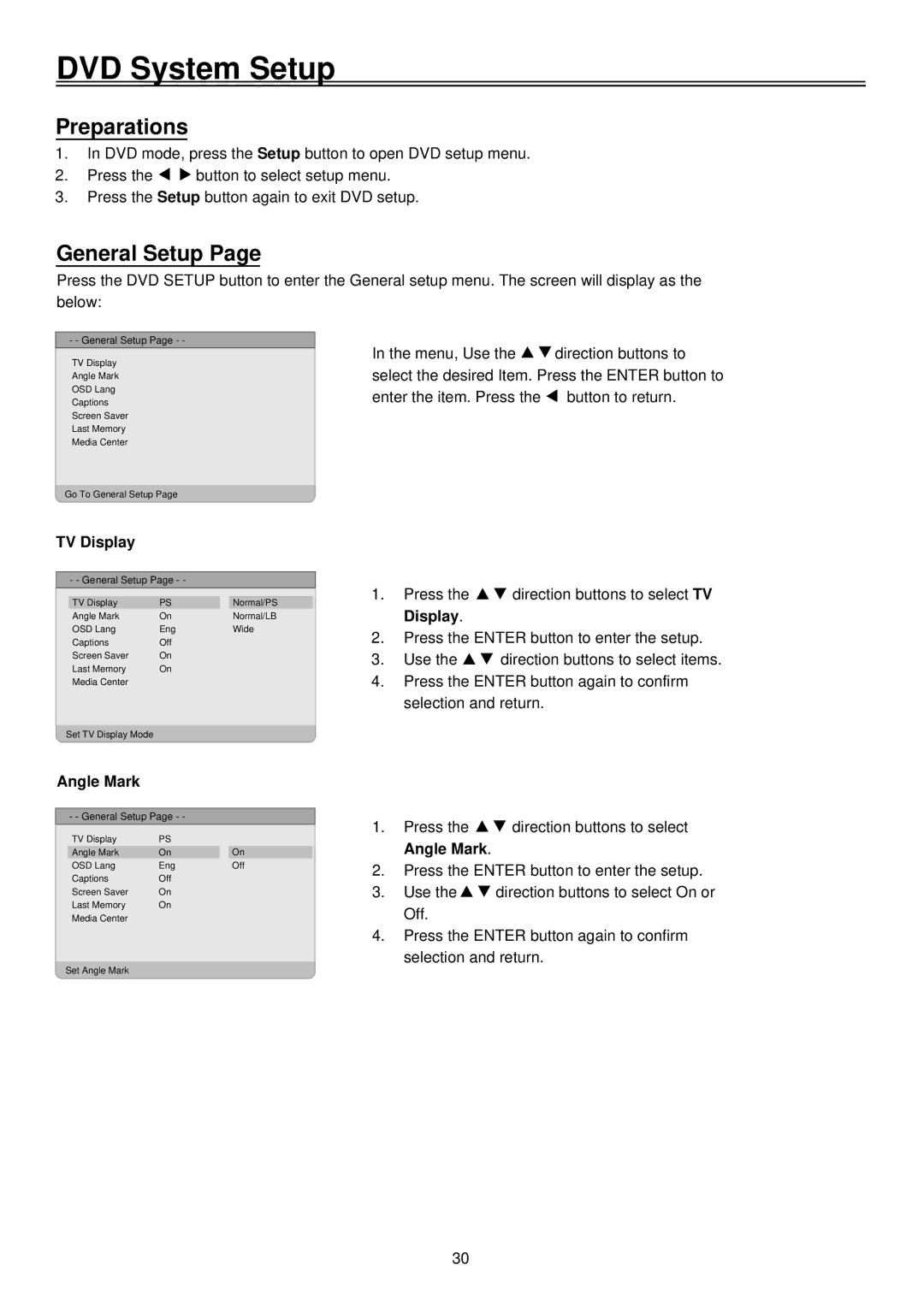 Palsonic TFTV2035BK user manual DVD System Setup, Preparations, General Setup, TV Display, Angle Mark 