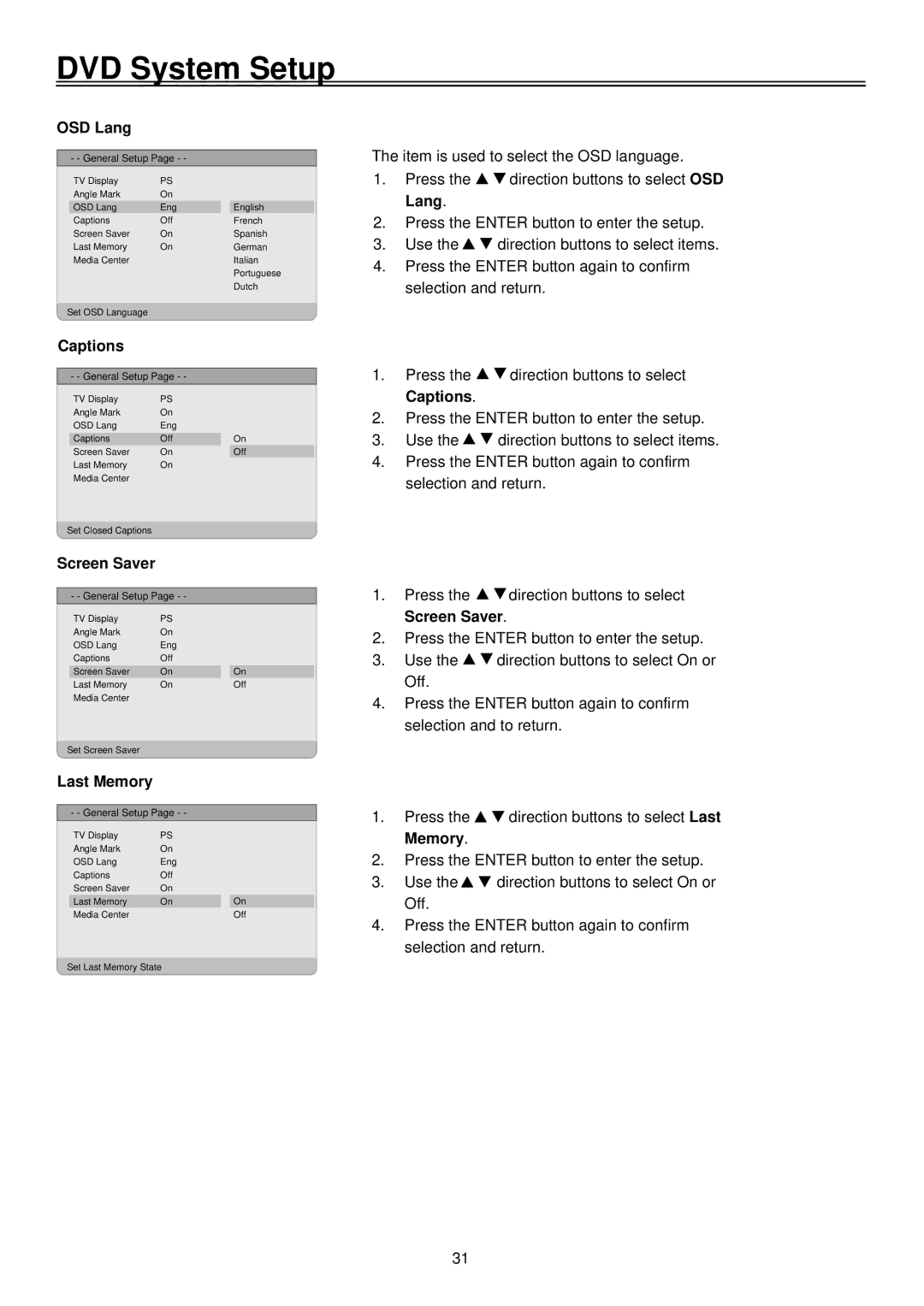 Palsonic TFTV2035BK user manual OSD Lang, Captions, Screen Saver, Last Memory 