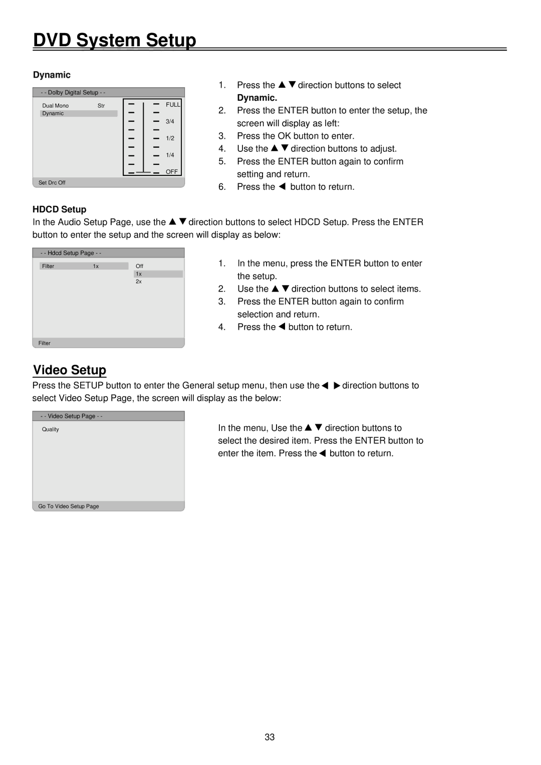 Palsonic TFTV2035BK user manual Video Setup, Dynamic, Hdcd Setup 