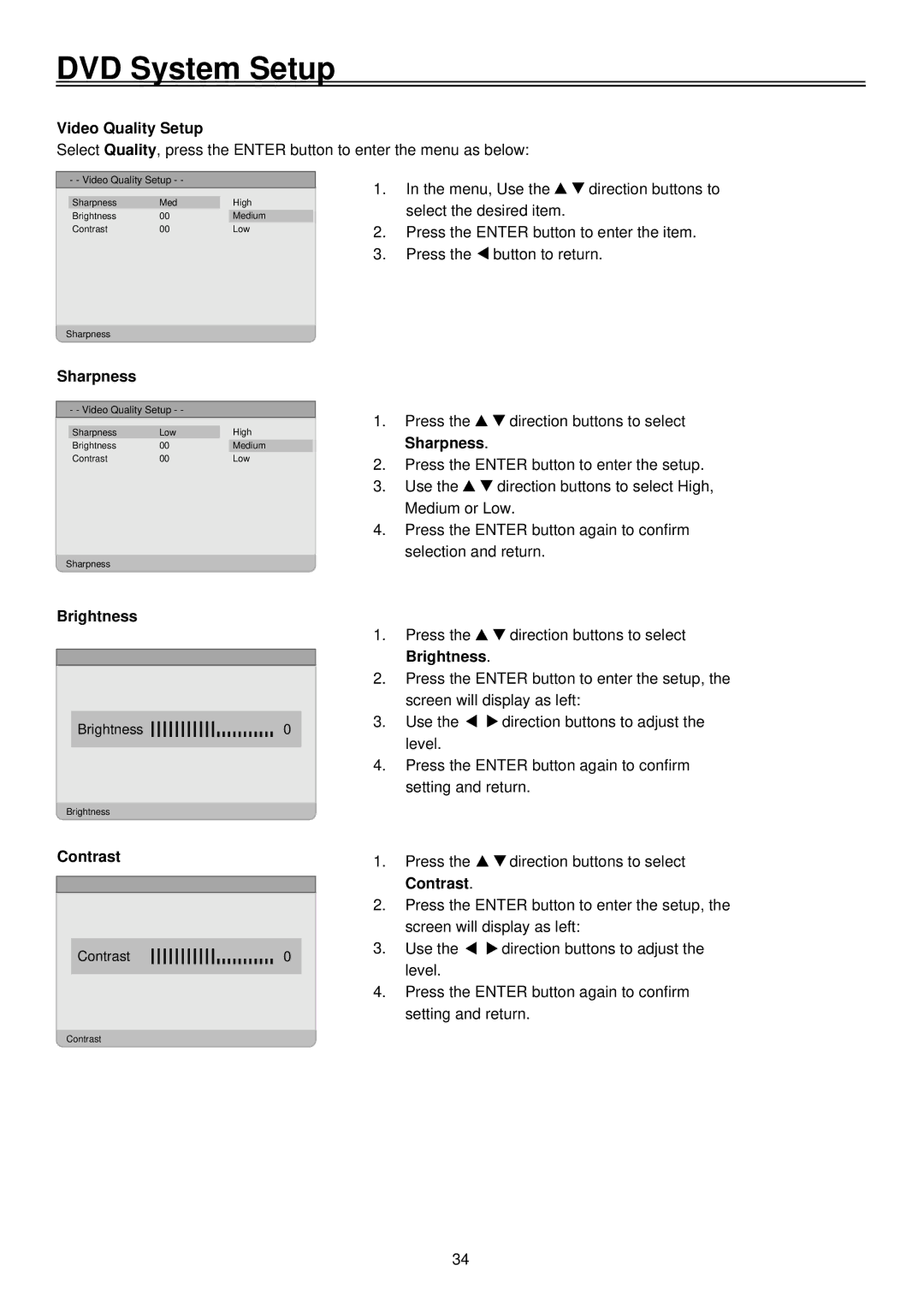 Palsonic TFTV2035BK user manual Video Quality Setup, Sharpness, Brightness, Contrast 