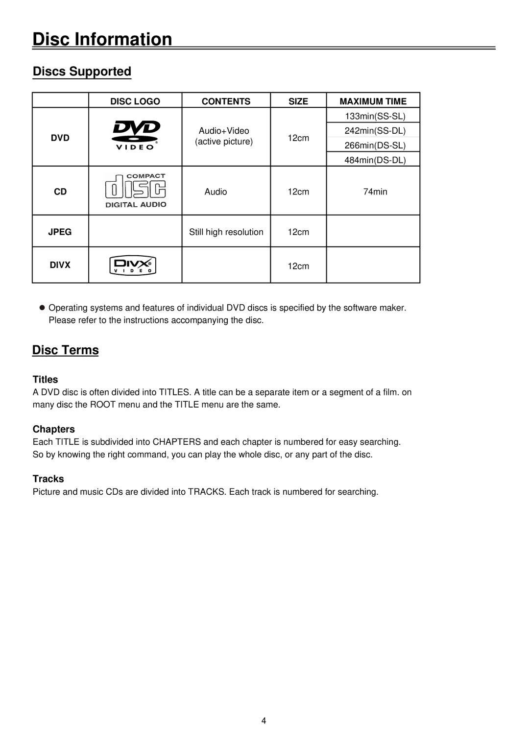 Palsonic TFTV2035BK user manual Disc Information, Discs Supported, Disc Terms 