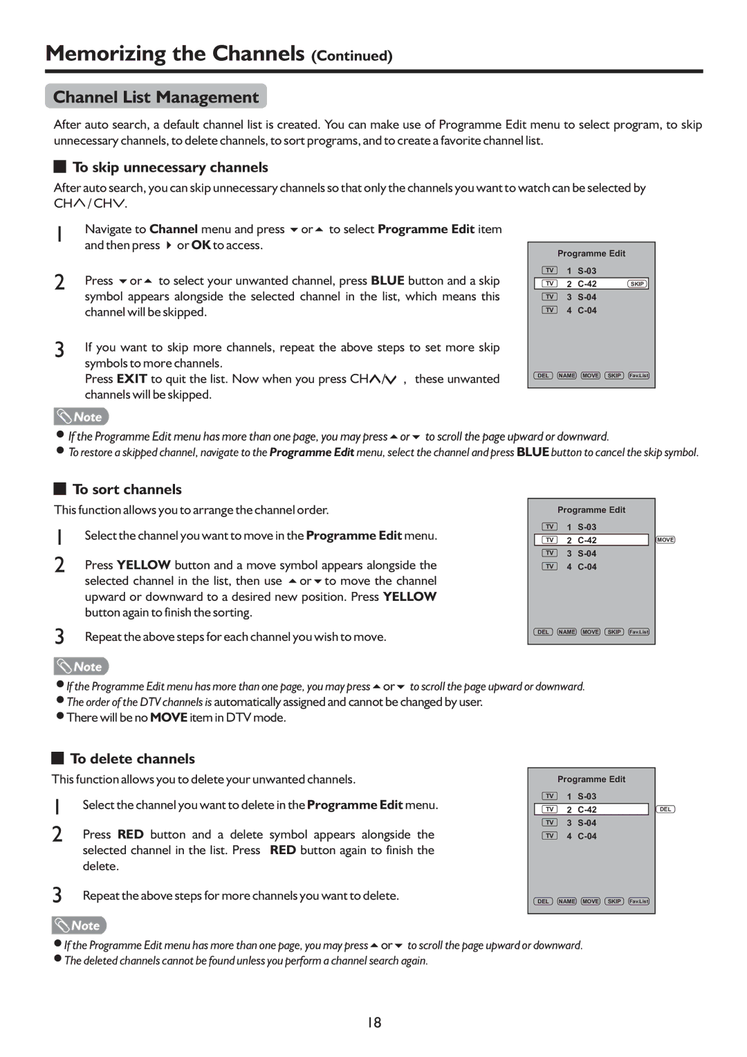 Palsonic TFTV322FHD Channel List Management, To skip unnecessary channels, To sort channels, To delete channels 