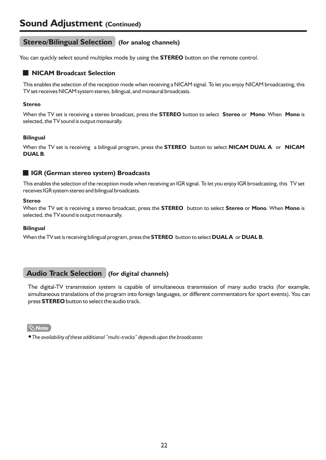 Palsonic TFTV322FHD owner manual Stereo/Bilingual Selection for analog channels, Audio Track Selection for digital channels 