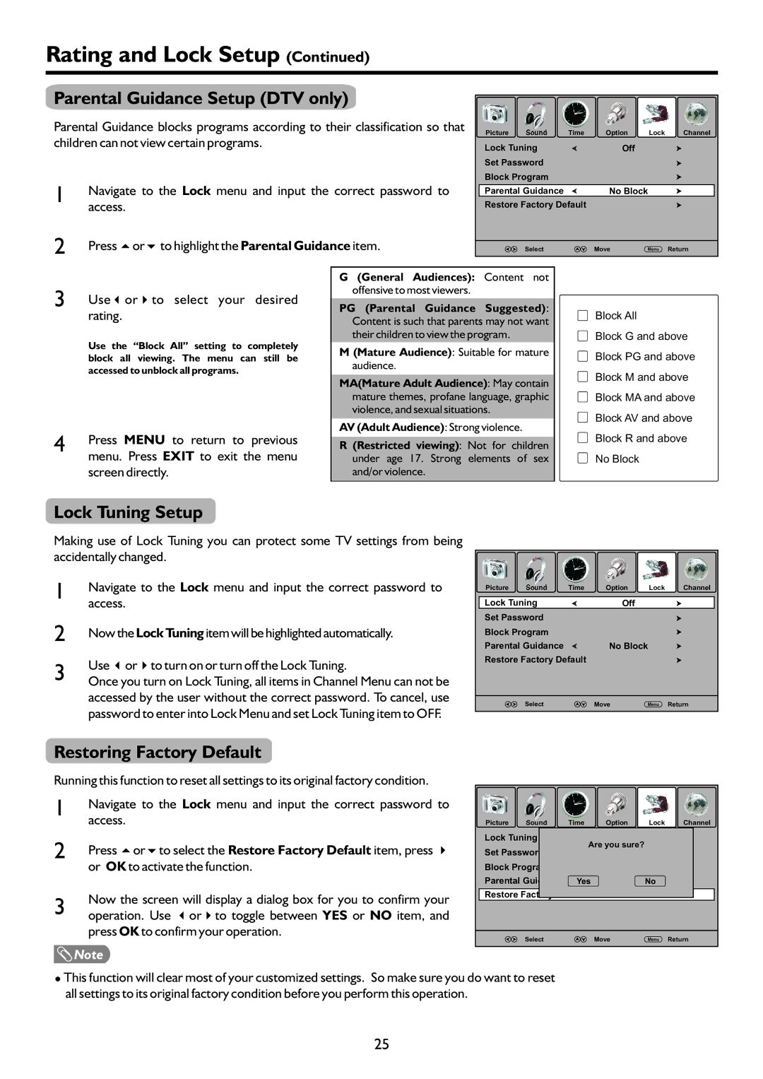 Palsonic TFTV322FHD owner manual Parental Guidance Setup DTV only, Lock Tuning Setup, Restoring Factory Default 