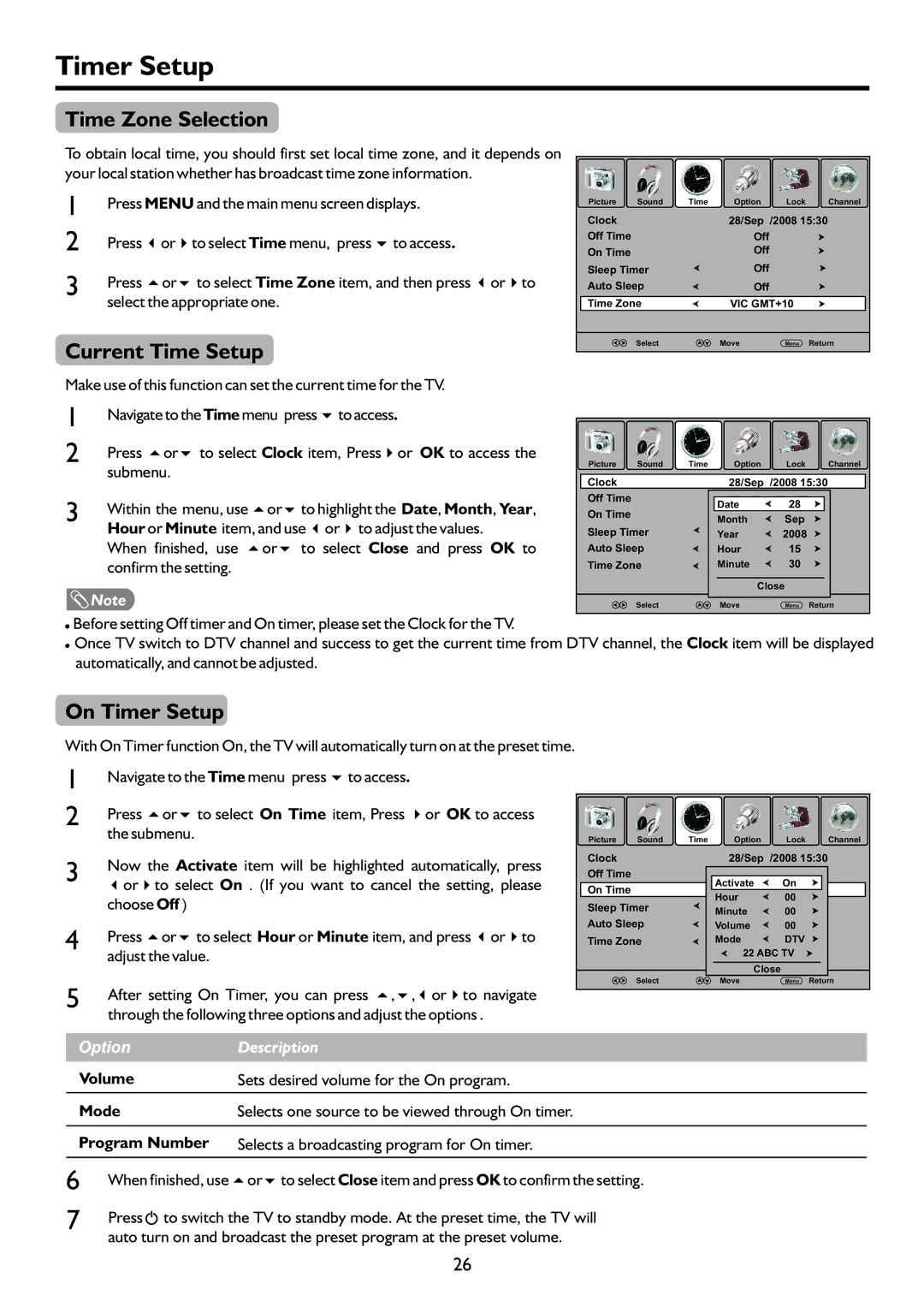 Palsonic TFTV322FHD owner manual Time Zone Selection, Current Time Setup, On Timer Setup 