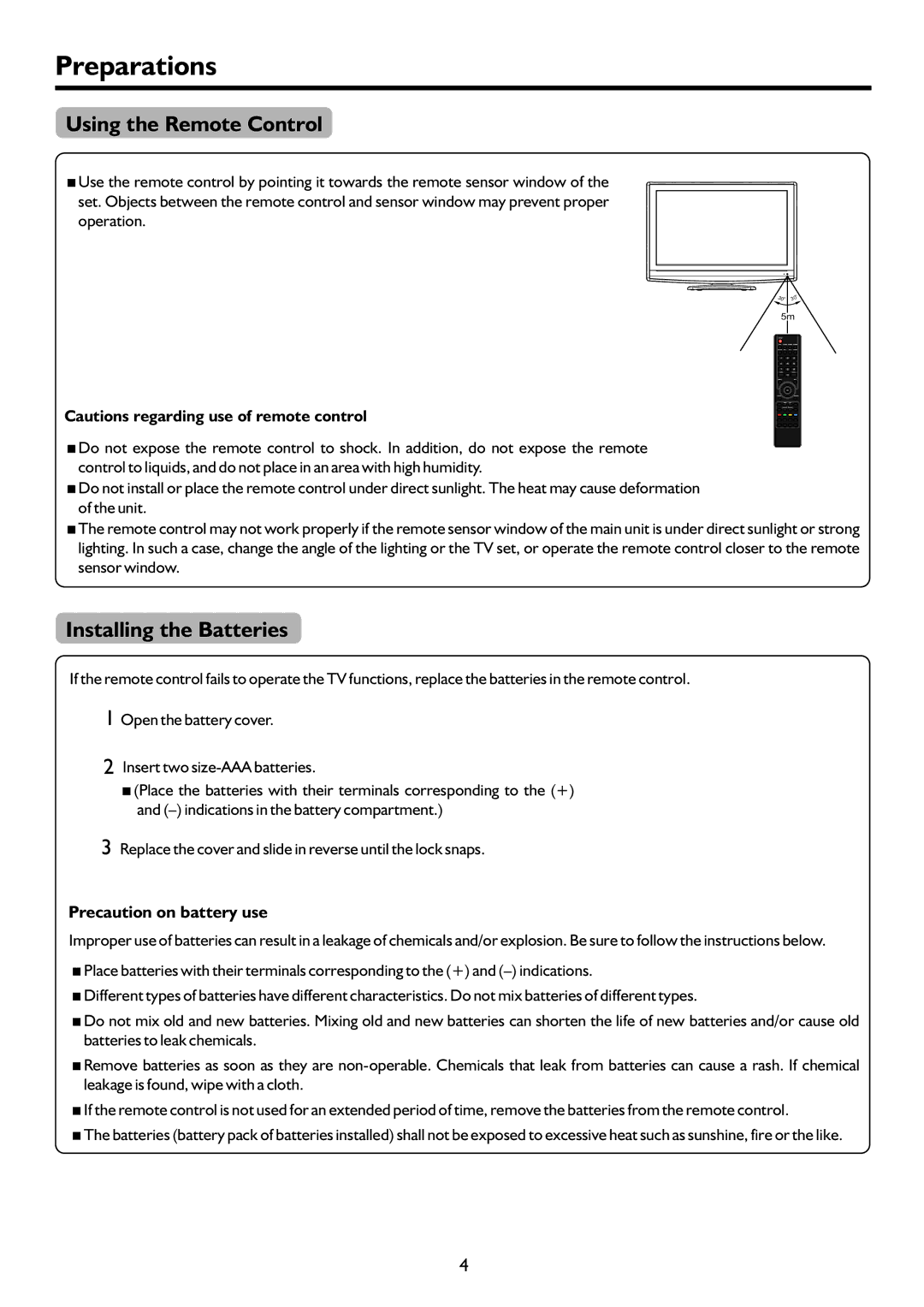 Palsonic TFTV322FHD owner manual Preparations, Using the Remote Control, Installing the Batteries 