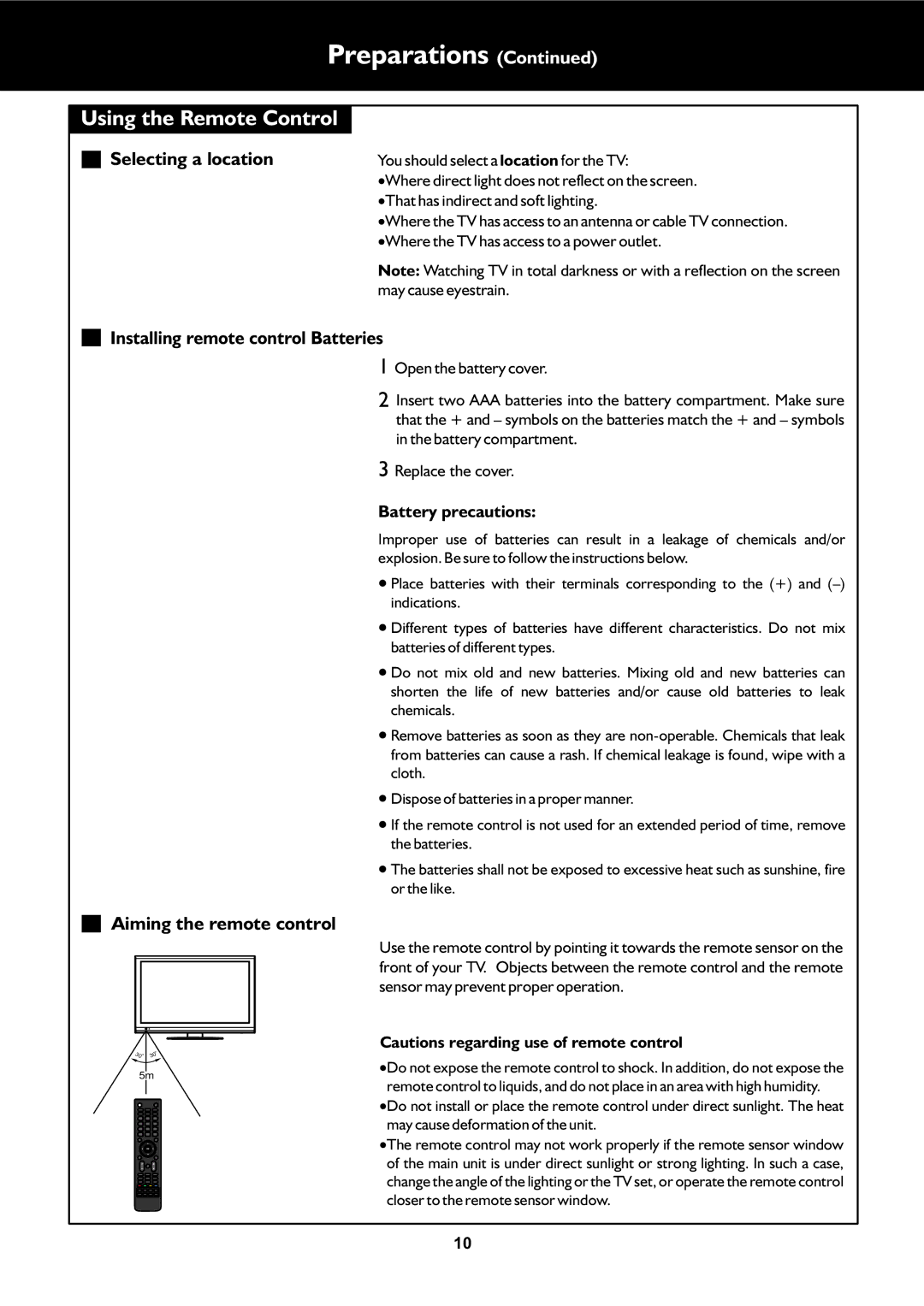 Palsonic TFTV325FL owner manual Selecting a location, Installing remote control Batteries, Aiming the remote control 