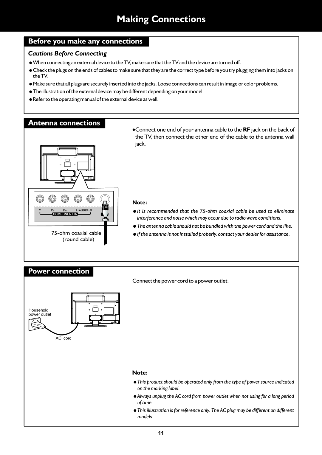 Palsonic TFTV325FL owner manual Making Connections, Before you make any connections, Power connection, Antenna connections 