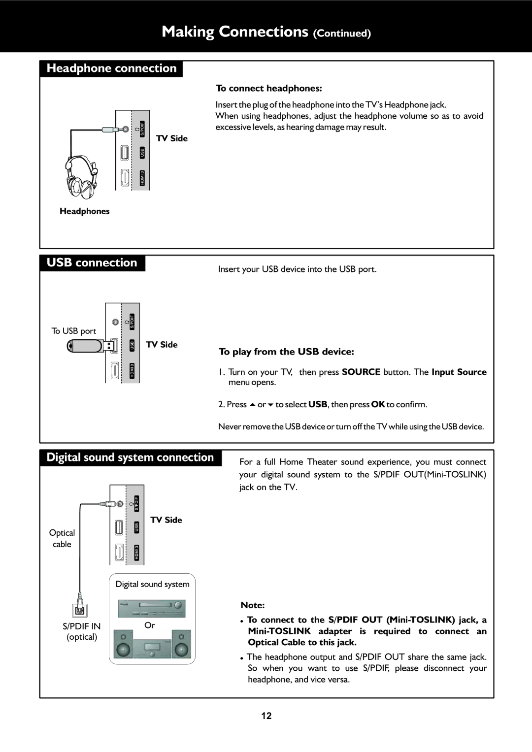 Palsonic TFTV325FL owner manual Headphone connection, USB connection, To connect headphones, To play from the USB device 