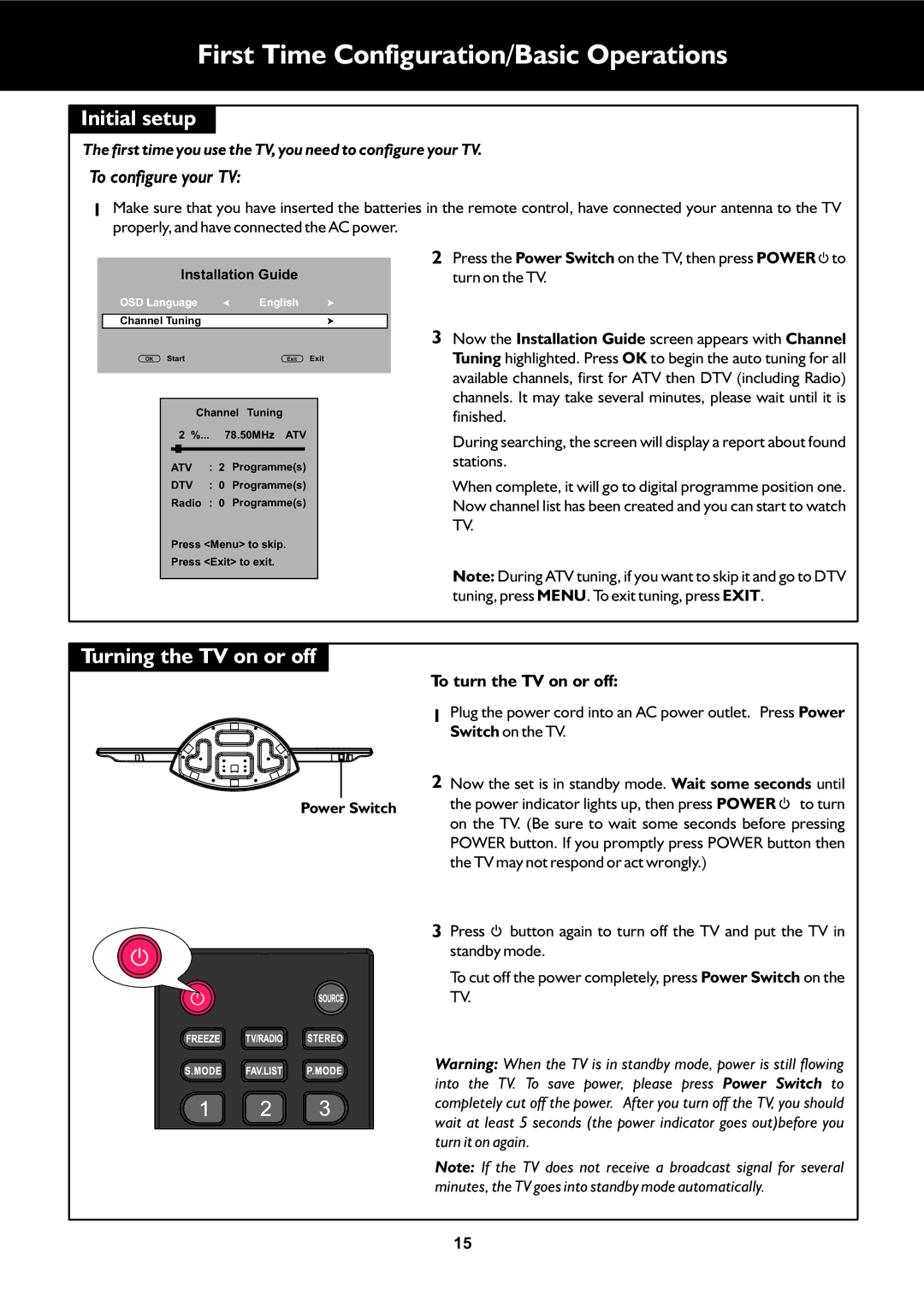 Palsonic TFTV325FL owner manual First Time Configuration/Basic Operations, Initial setup, Turning the TV on or off 