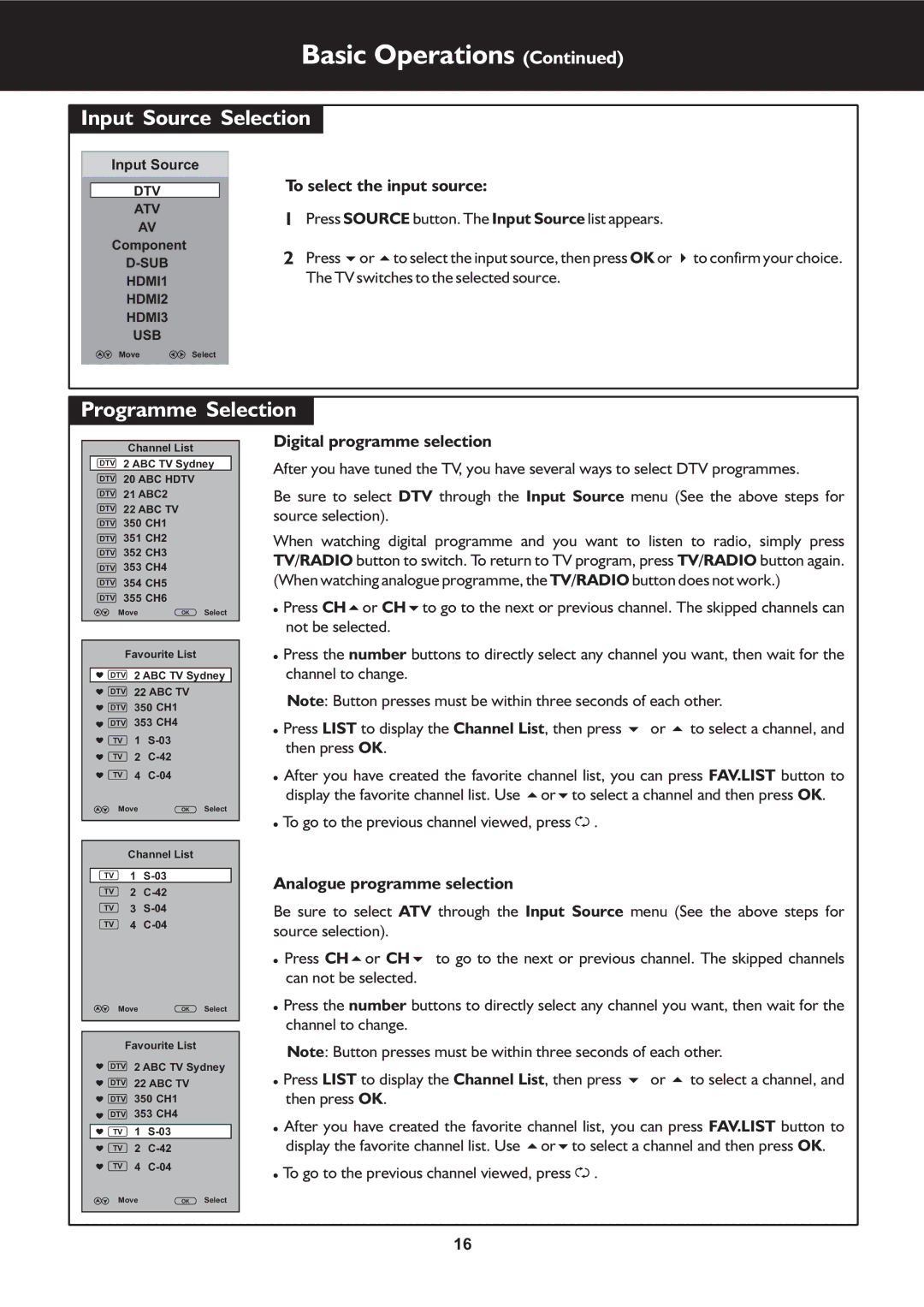 Palsonic TFTV325FL owner manual Basic Operations, Input Source Selection, Programme Selection 