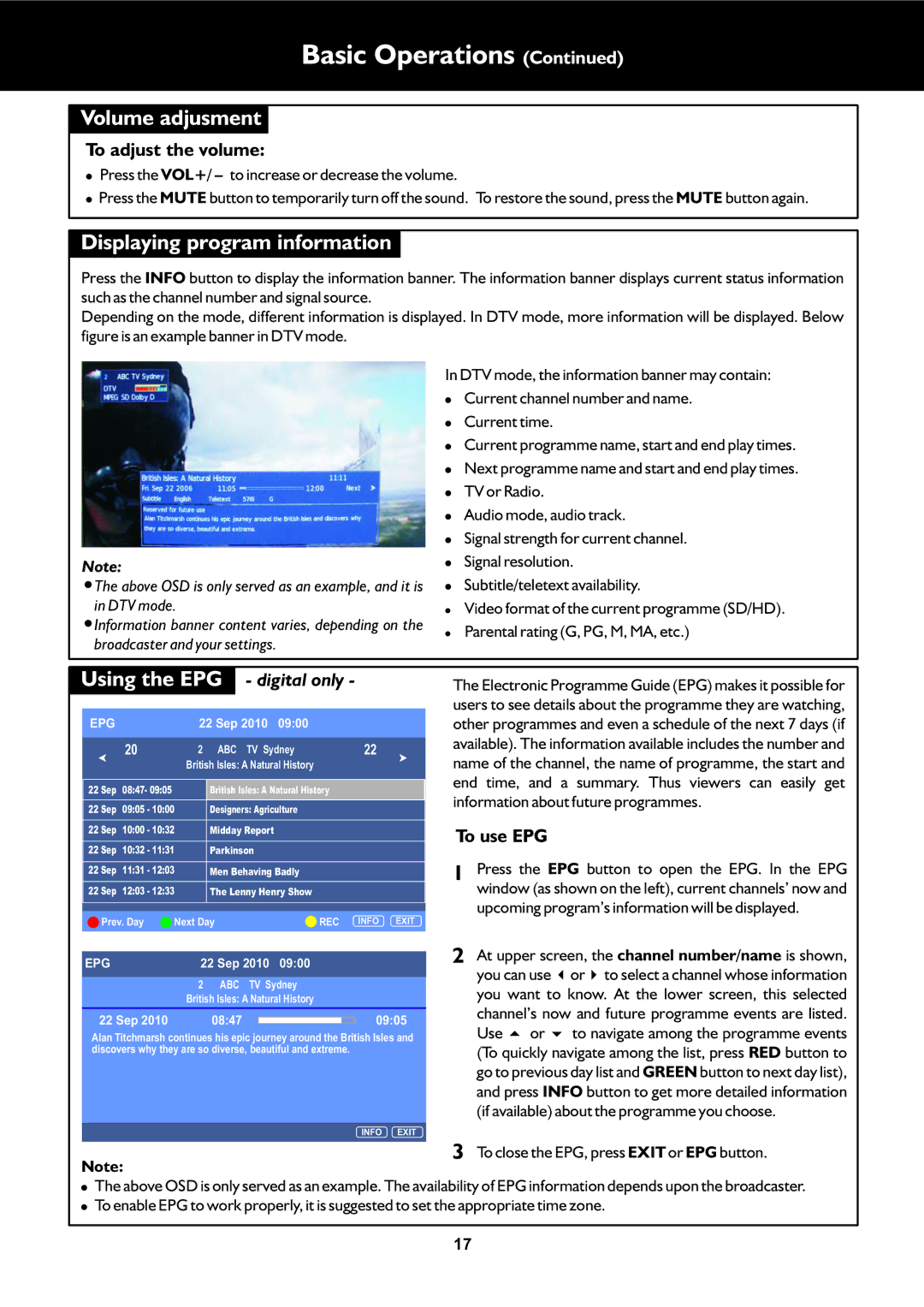 Palsonic TFTV325FL Volume adjusment, Displaying program information, Using the EPG, To adjust the volume, To use EPG 