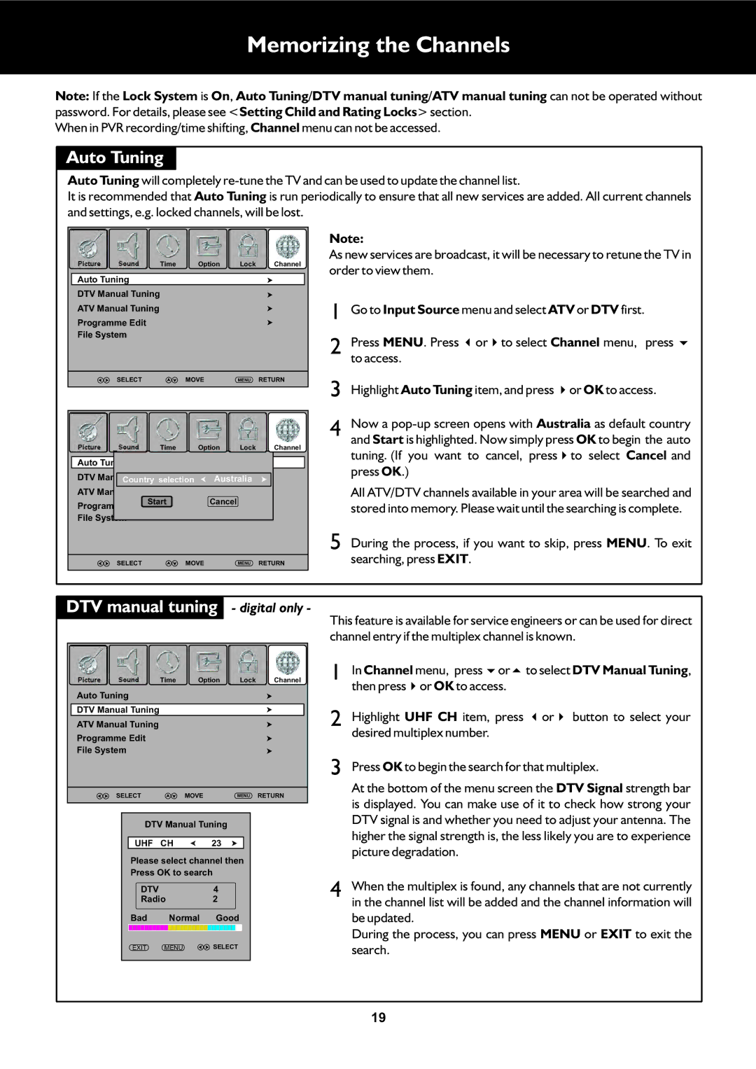 Palsonic TFTV325FL owner manual Memorizing the Channels, Auto Tuning, DTV manual tuning digital only 