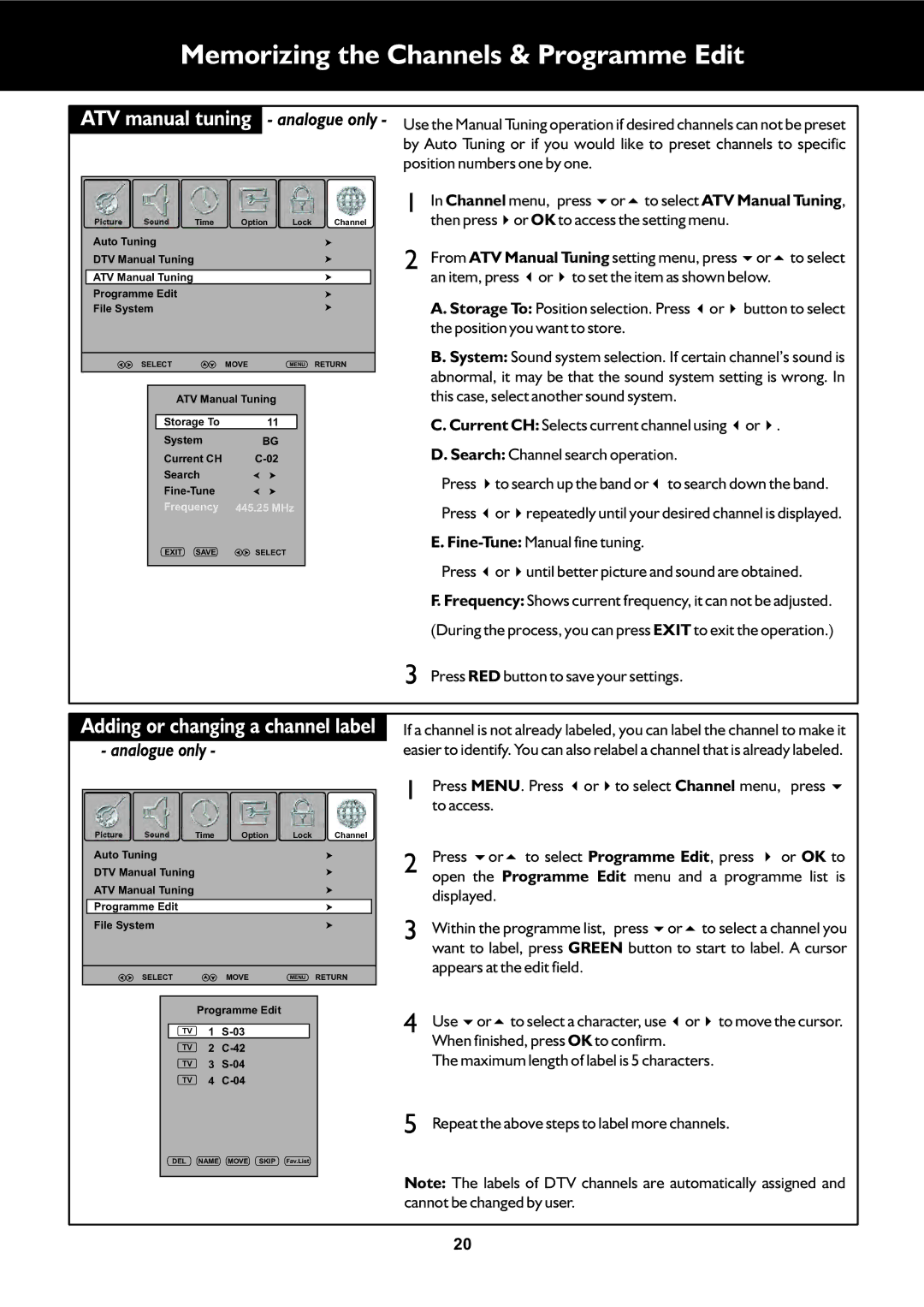 Palsonic TFTV325FL Memorizing the Channels & Programme Edit, ATV manual tuning, Adding or changing a channel label 