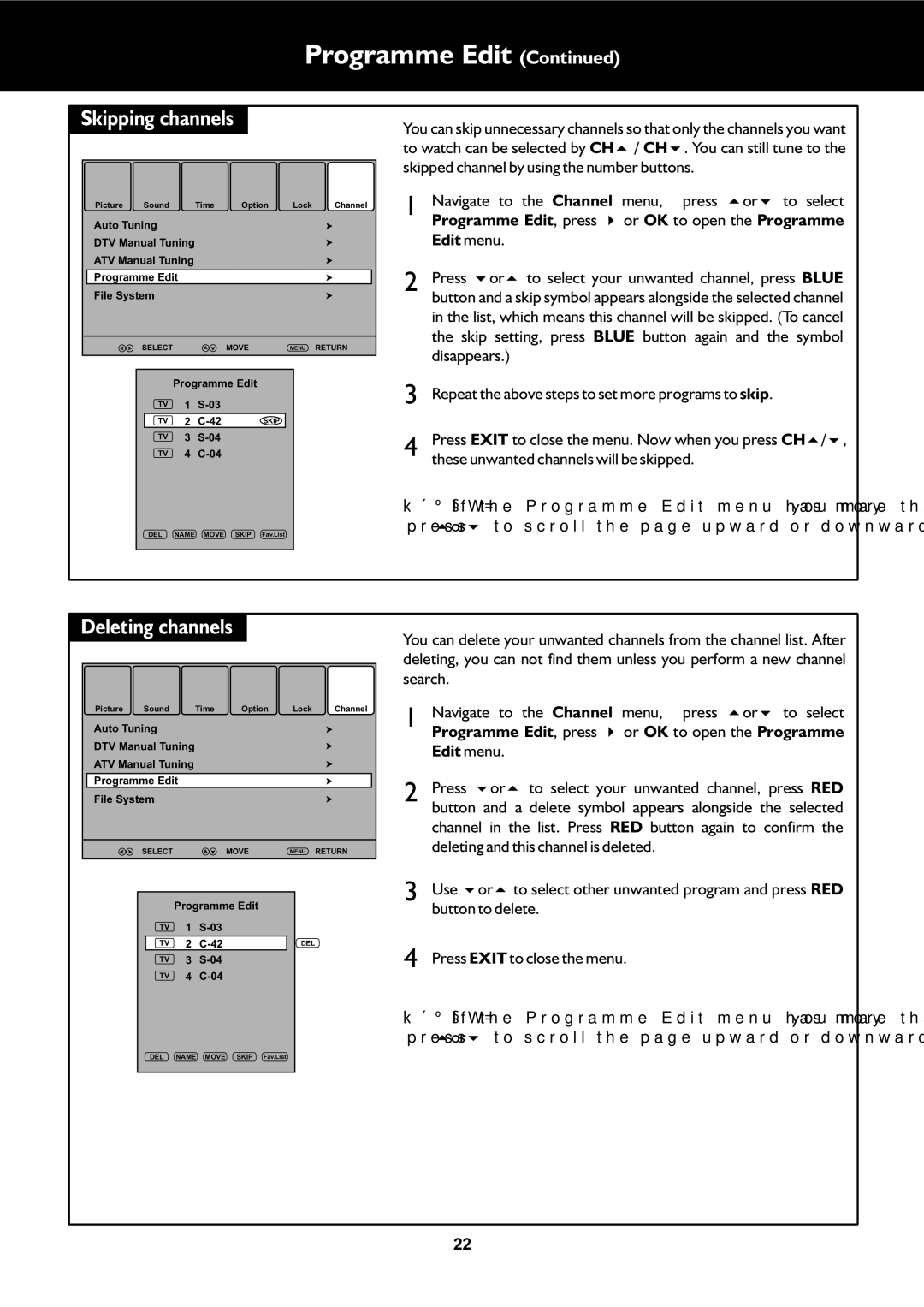 Palsonic TFTV325FL owner manual Skipping channels, Deleting channels 