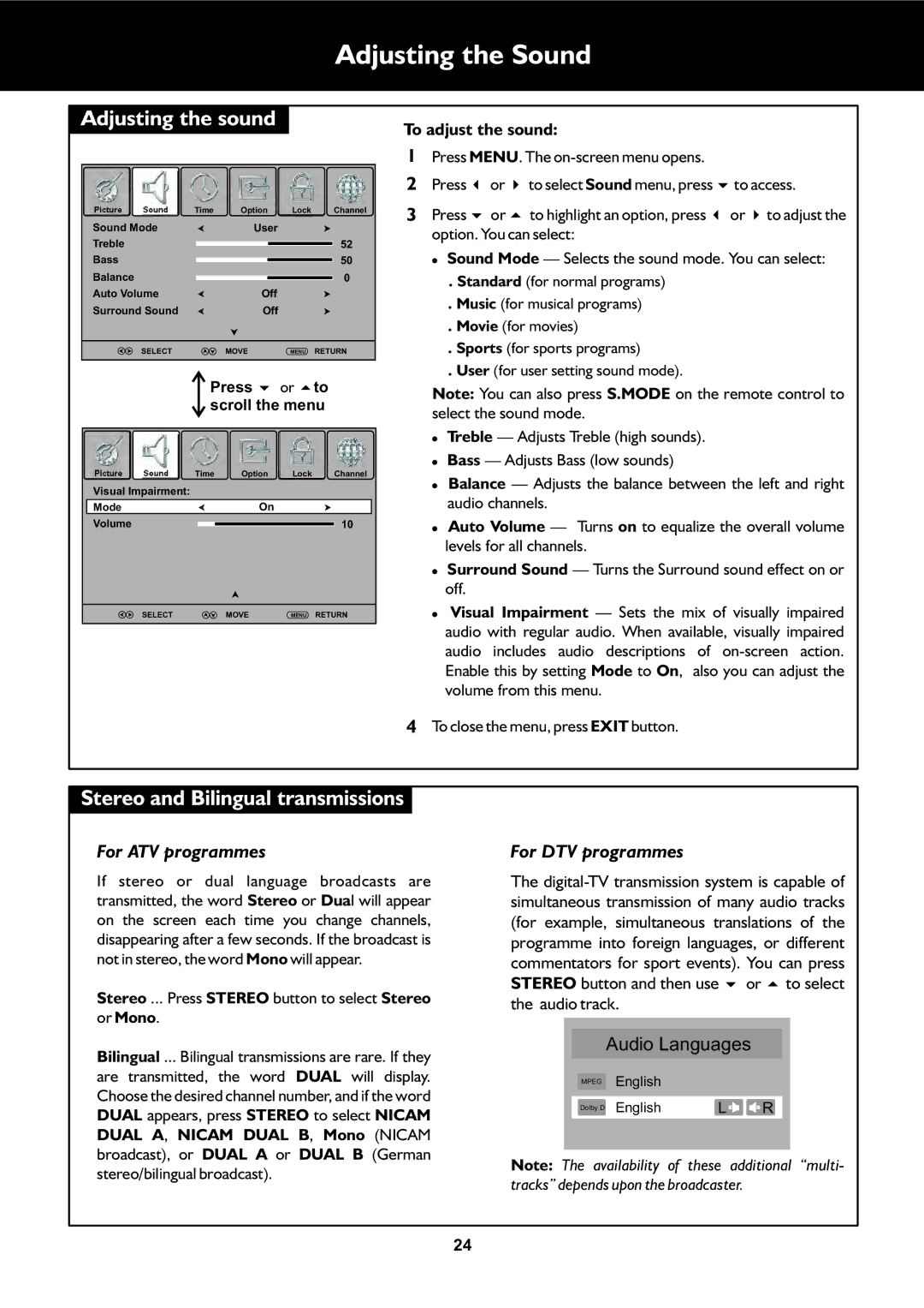 Palsonic TFTV325FL owner manual Adjusting the Sound, Stereo and Bilingual transmissions, To adjust the sound 