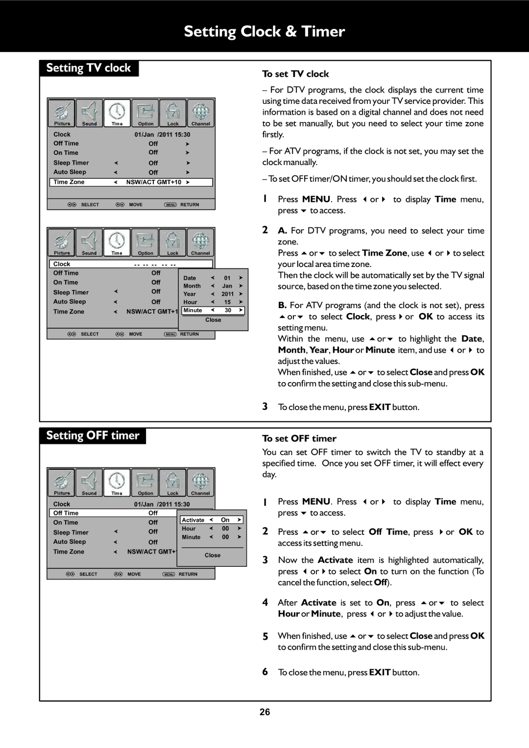 Palsonic TFTV325FL Setting Clock & Timer, Setting TV clock, Setting OFF timer, To set TV clock, To set OFF timer 