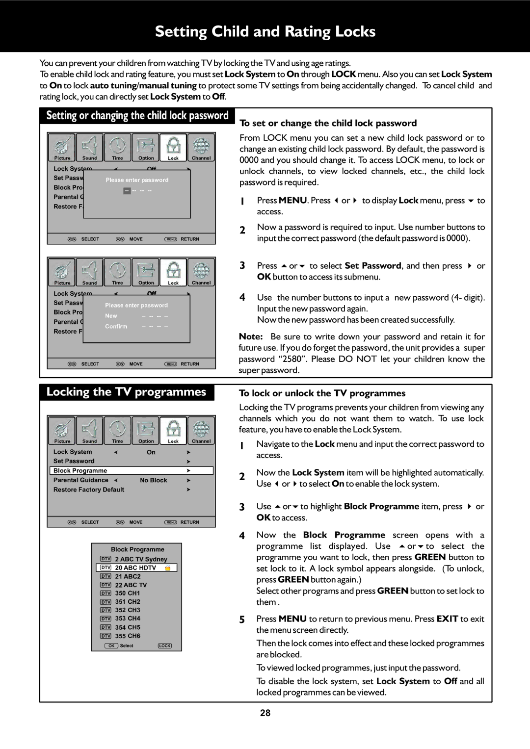 Palsonic TFTV325FL Setting Child and Rating Locks, Locking the TV programmes, To set or change the child lock password 