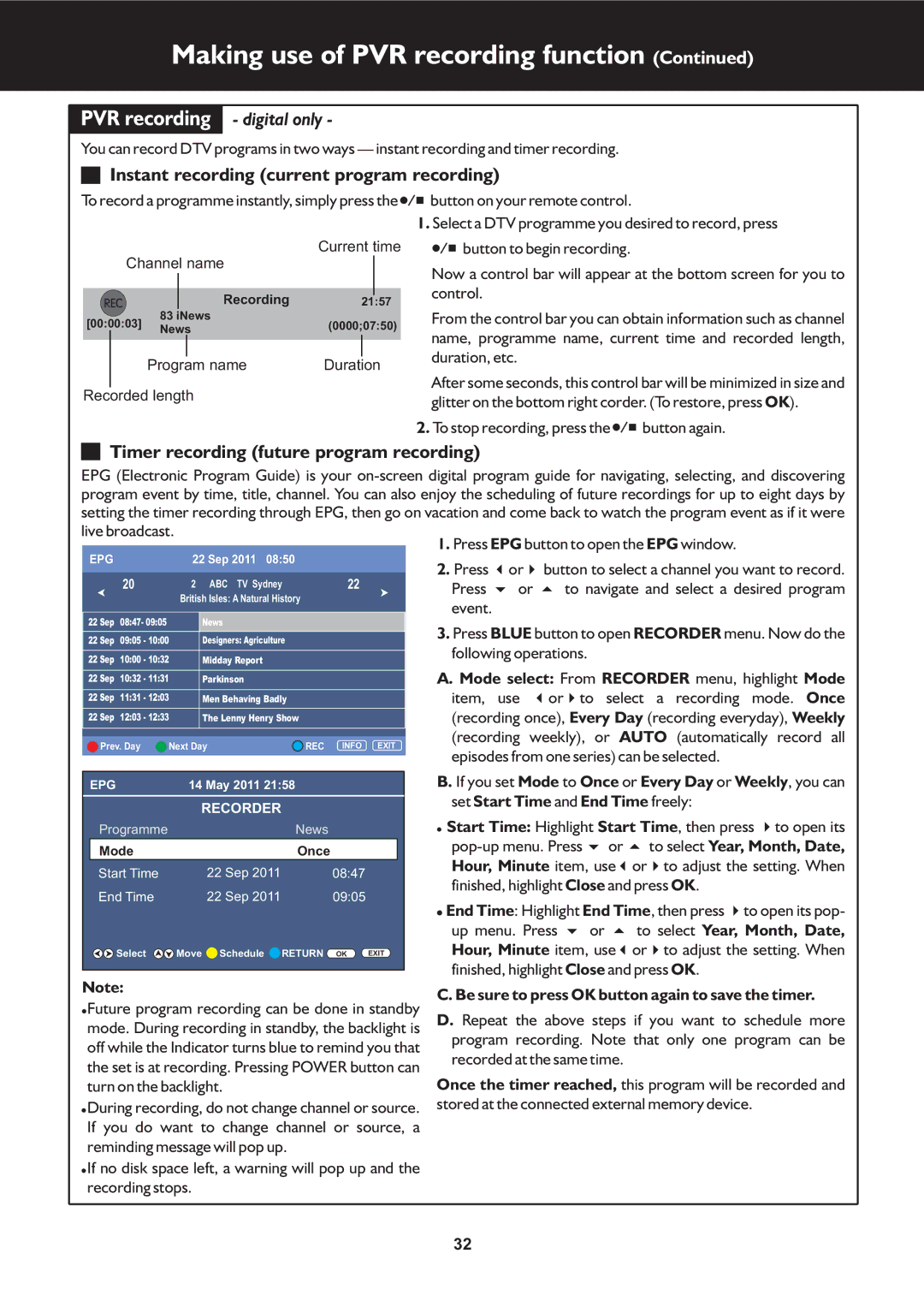 Palsonic TFTV325FL owner manual Instant recording current program recording, Timer recording future program recording 