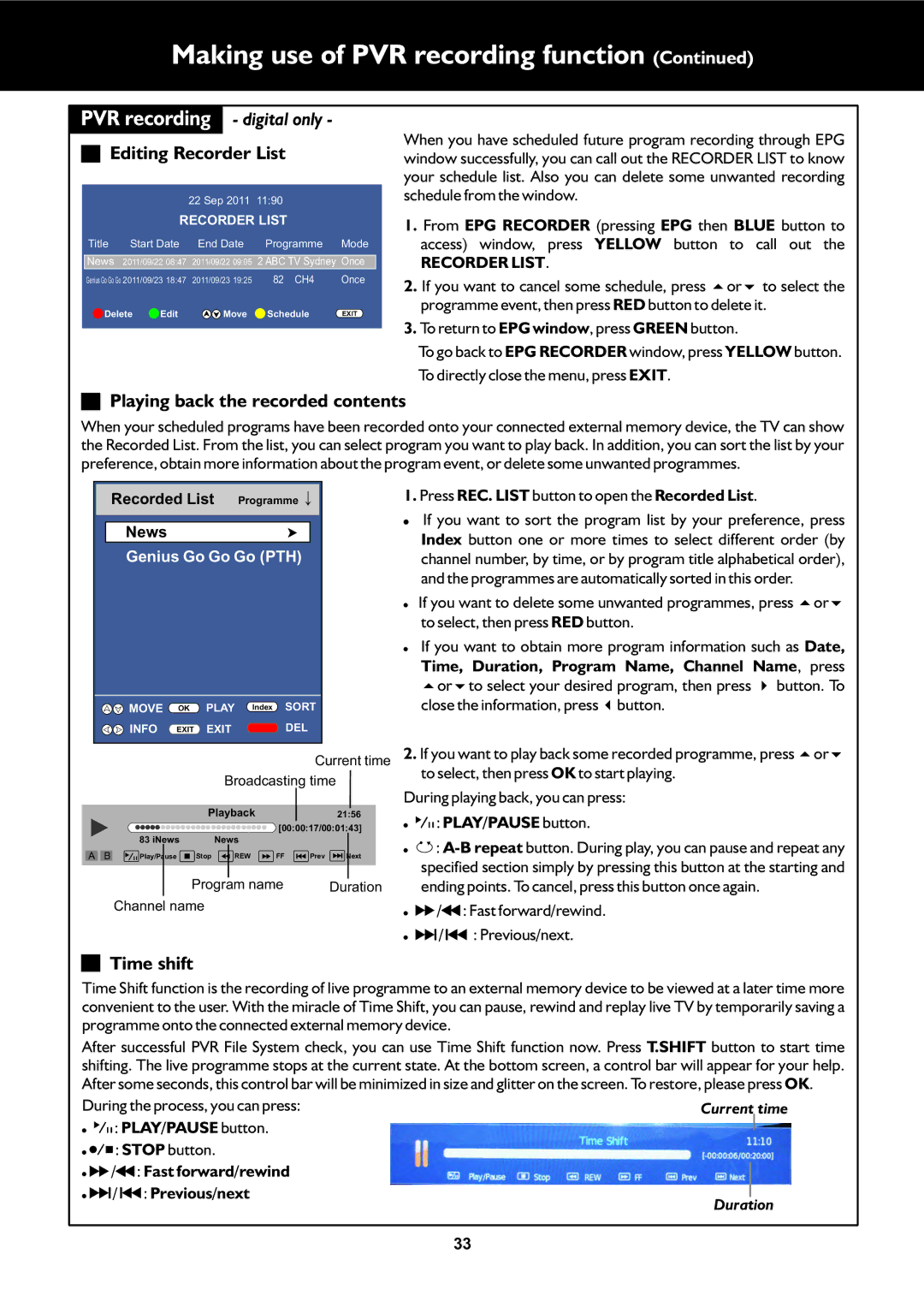 Palsonic TFTV325FL owner manual Editing Recorder List, Playing back the recorded contents, Time shift 