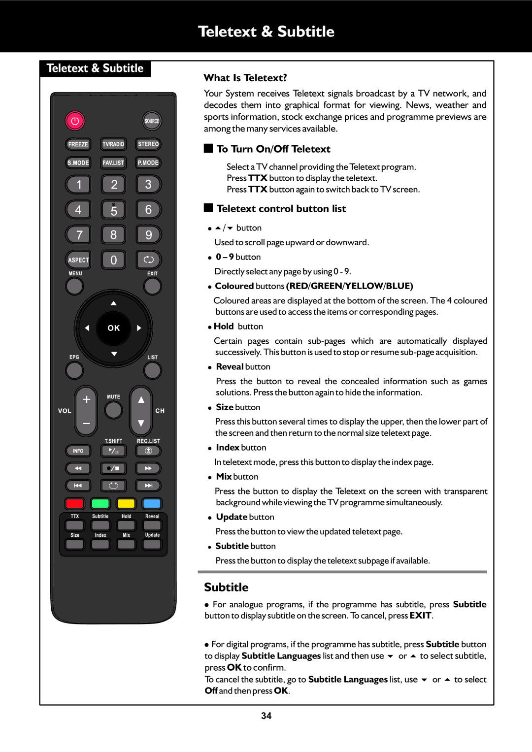 Palsonic TFTV325FL Teletext & Subtitle, What Is Teletext?, To Turn On/Off Teletext, Teletext control button list 