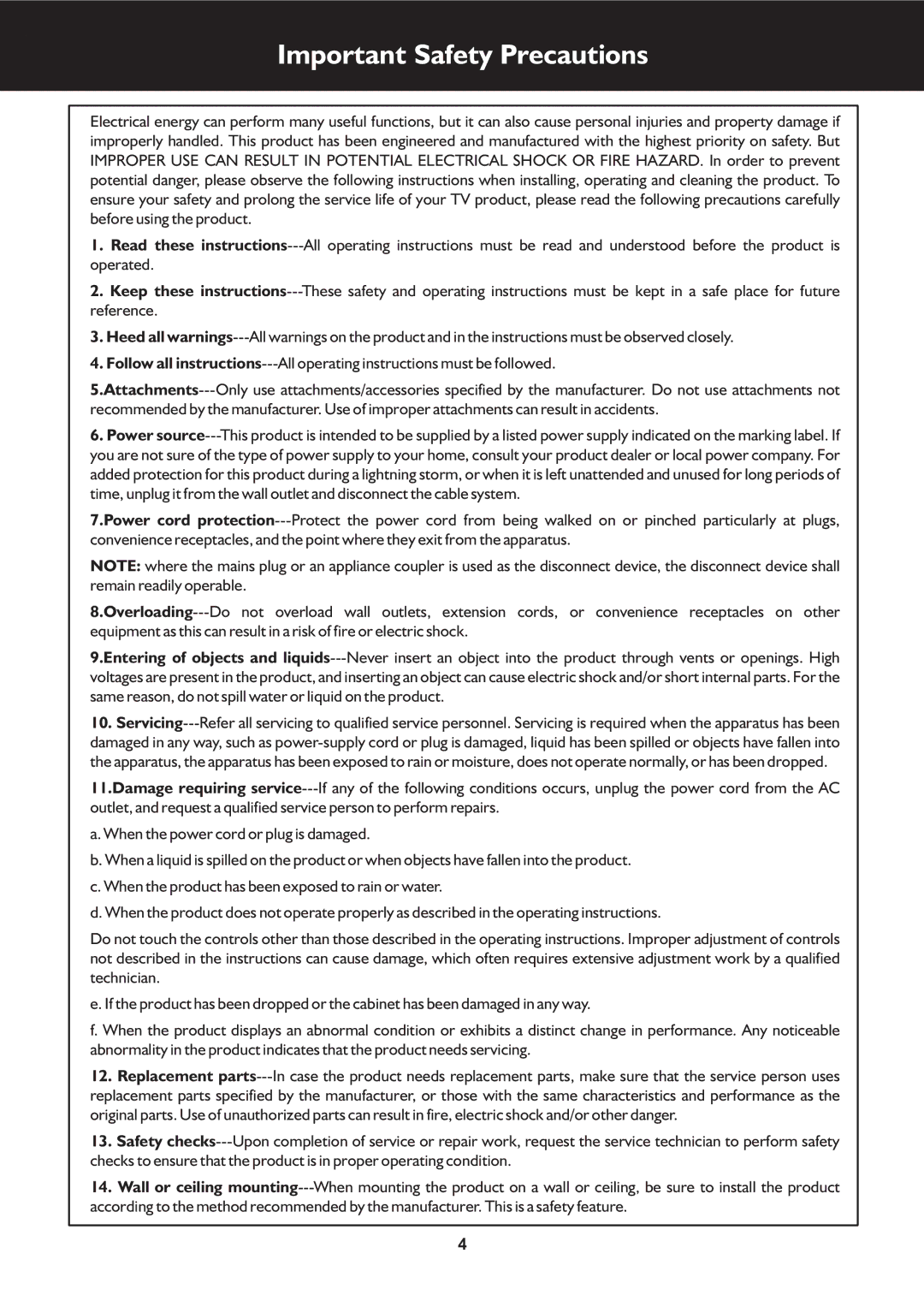 Palsonic TFTV325FL owner manual Important Safety Precautions 