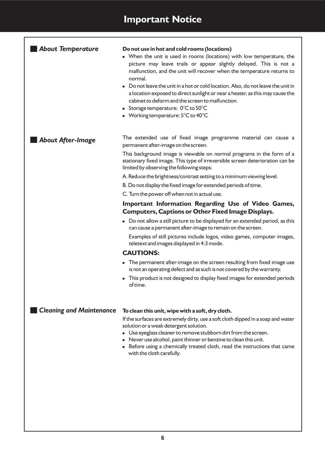 Palsonic TFTV325FL owner manual Important Notice, Do not use in hot and cold rooms locations 