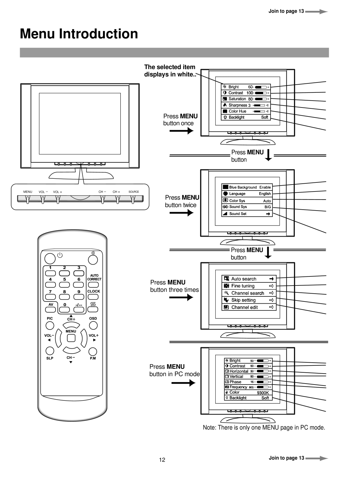 Palsonic TFTV380 owner manual Menu Introduction, Selected item displays in white 