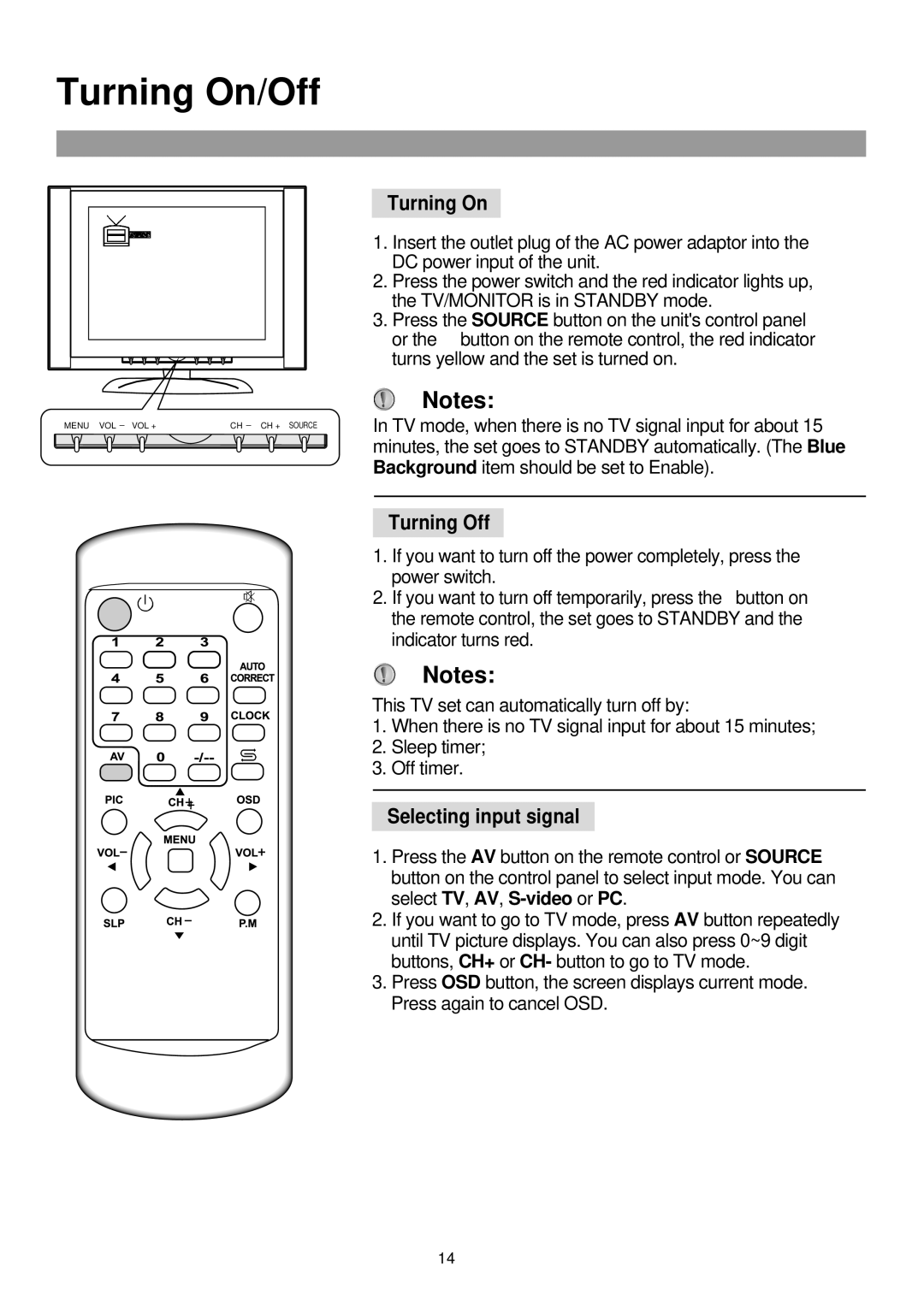 Palsonic TFTV380 owner manual Turning On/Off, Turning Off, Selecting input signal 