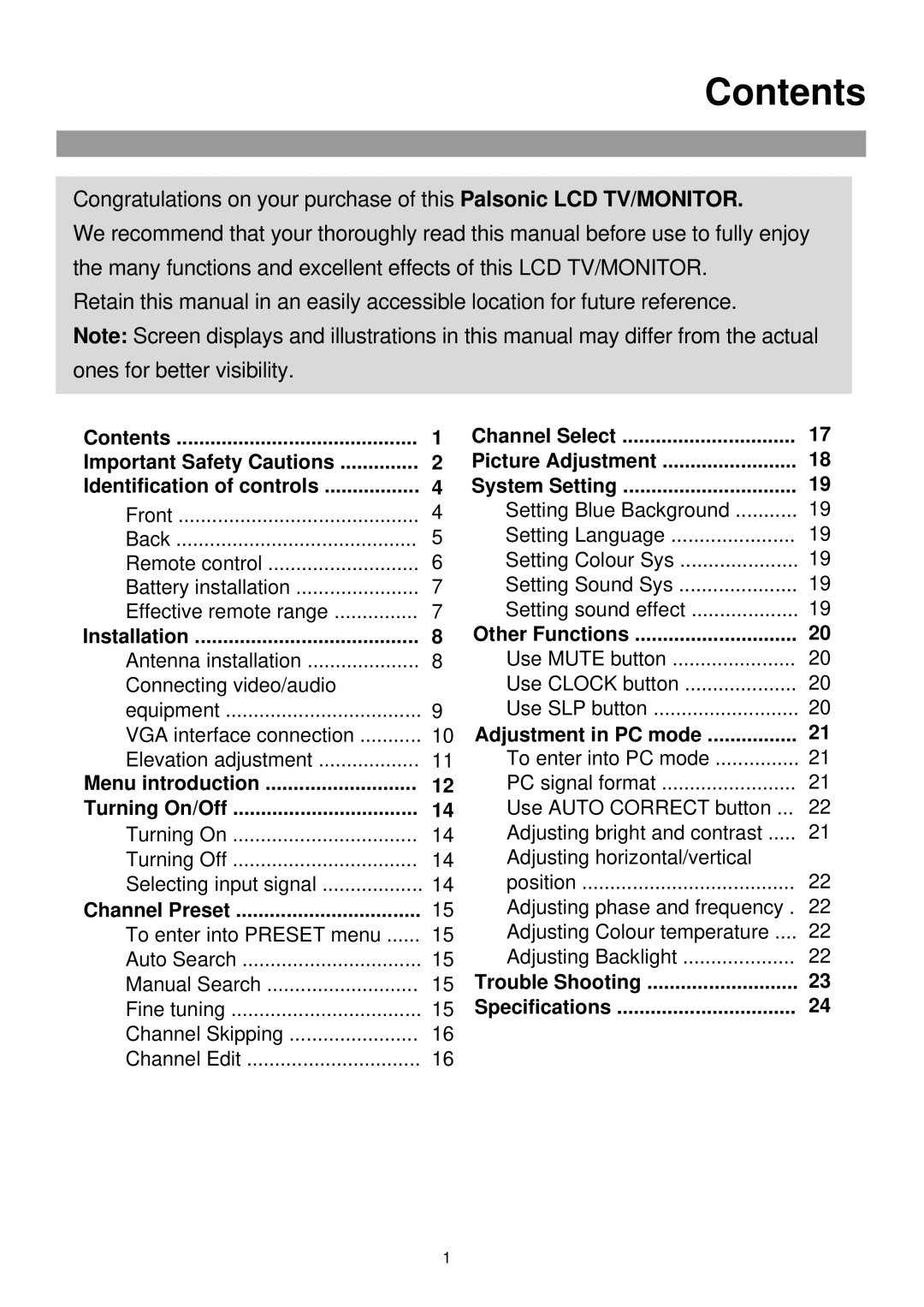 Palsonic TFTV380 owner manual Contents 