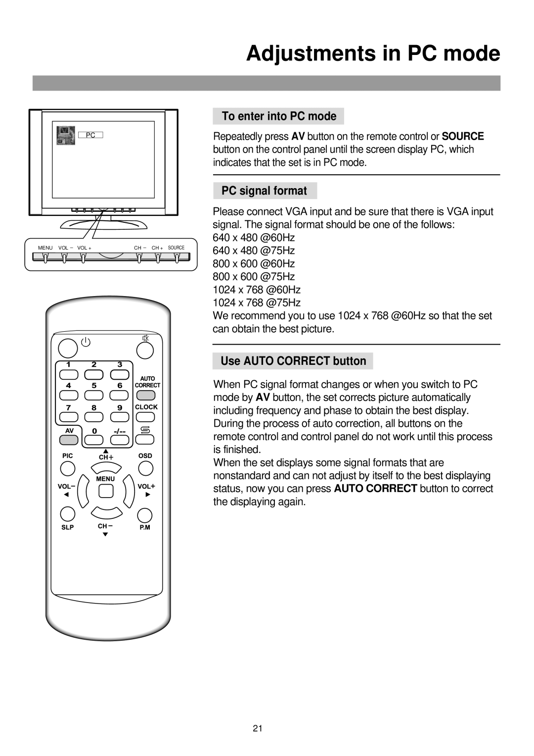 Palsonic TFTV380 owner manual Adjustments in PC mode, To enter into PC mode, PC signal format, Use Auto Correct button 