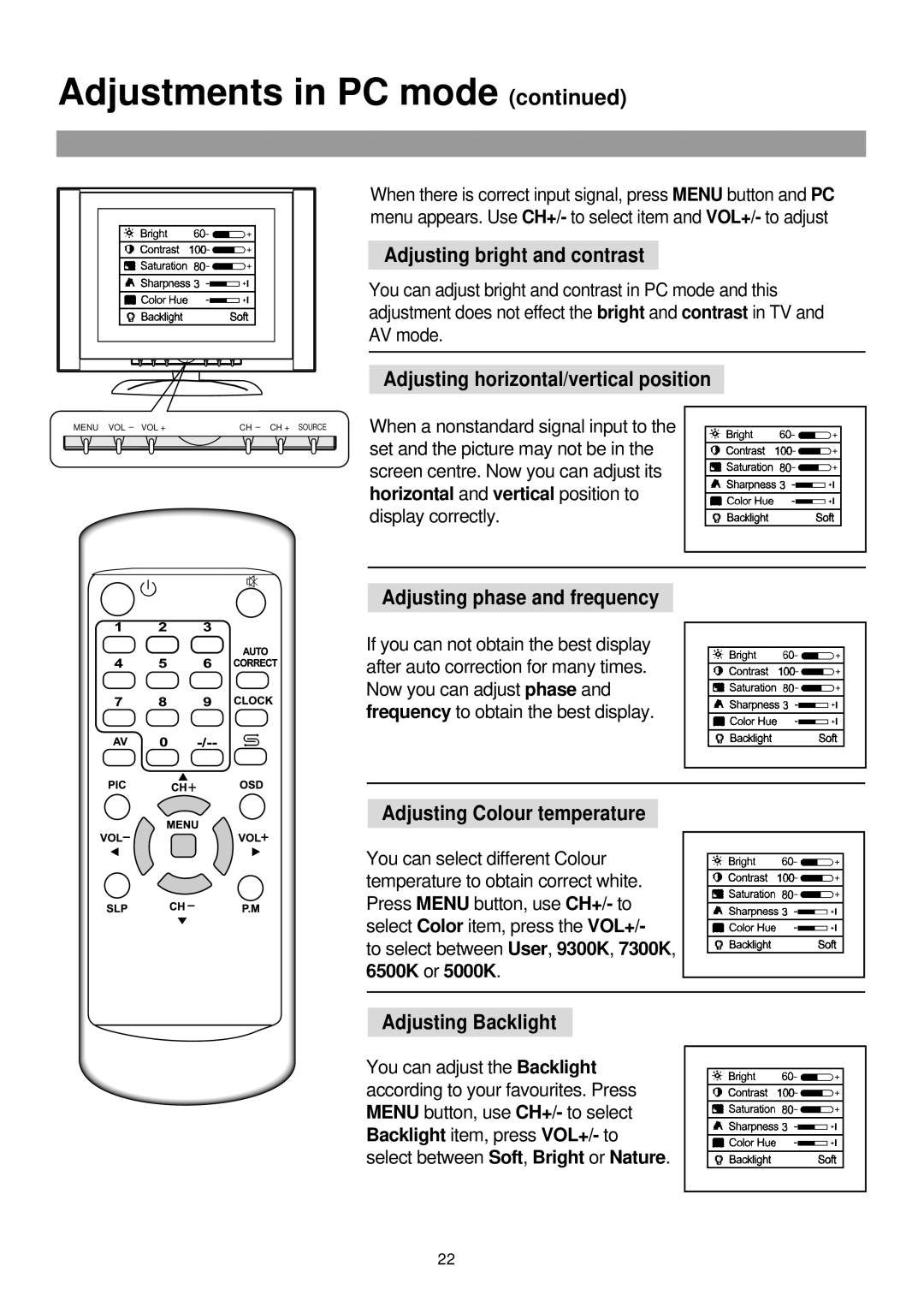 Palsonic TFTV380 Adjusting bright and contrast, Adjusting horizontal/vertical position, Adjusting phase and frequency 