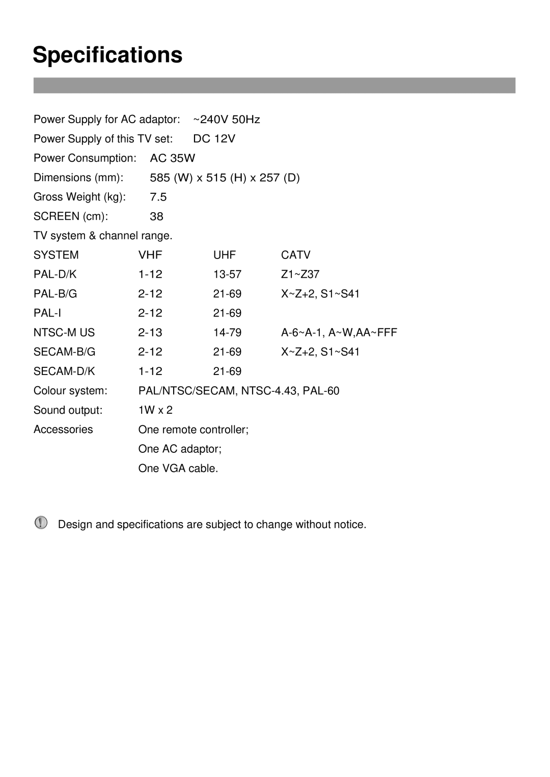 Palsonic TFTV380 owner manual Specifications, PAL/NTSC/SECAM, NTSC-4.43, PAL-60 