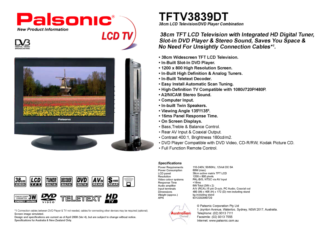 Palsonic TFTV3839DT specifications New Product Information, Specifications 