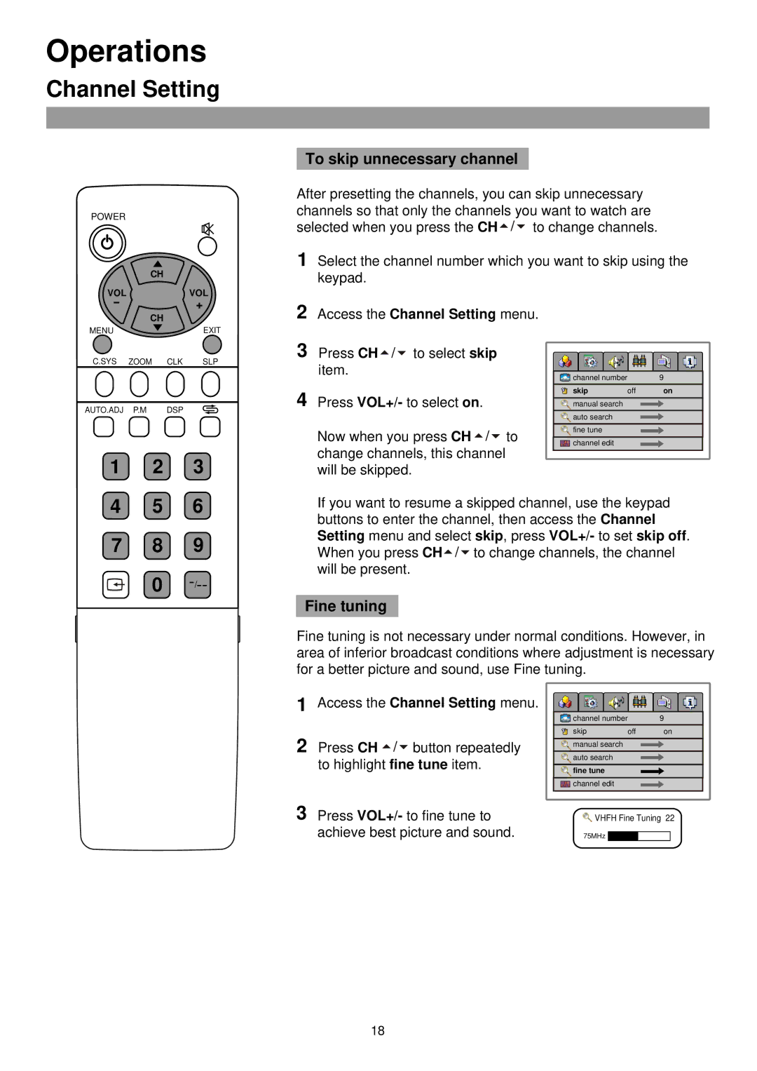 Palsonic TFTV385 owner manual To skip unnecessary channel, Fine tuning 