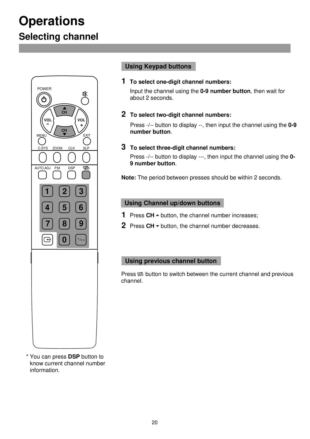 Palsonic TFTV385 Selecting channel, Using Keypad buttons, Using Channel up/down buttons, Using previous channel button 