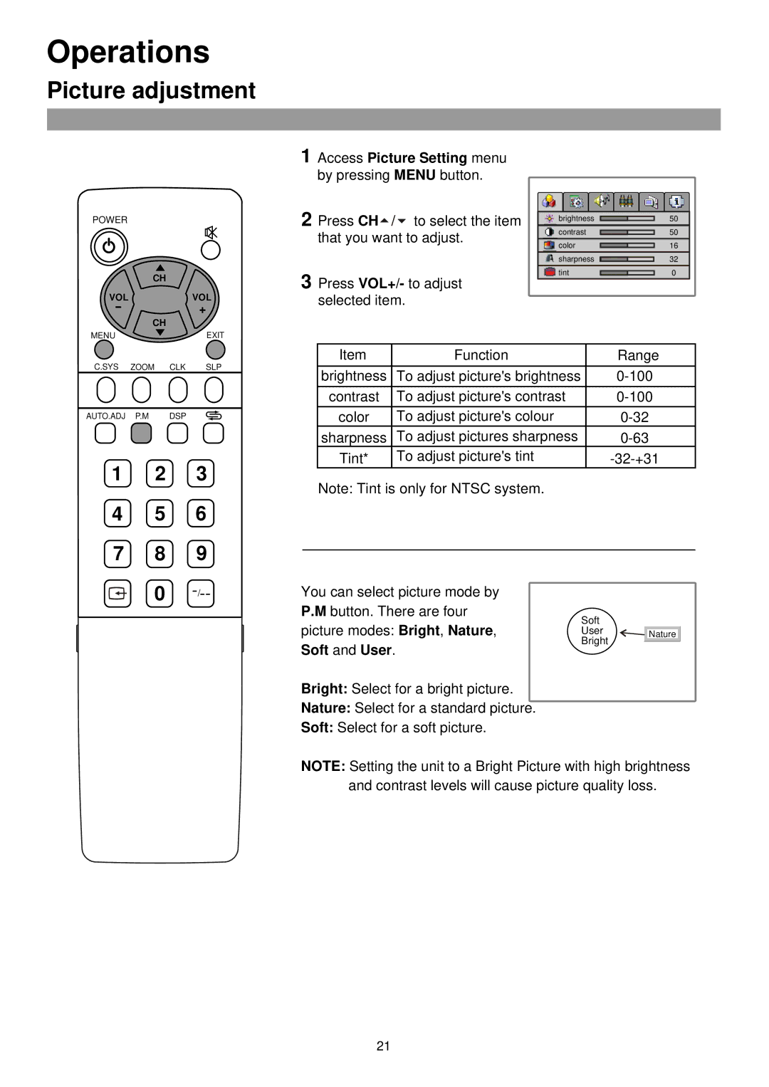 Palsonic TFTV385 owner manual Picture adjustment 